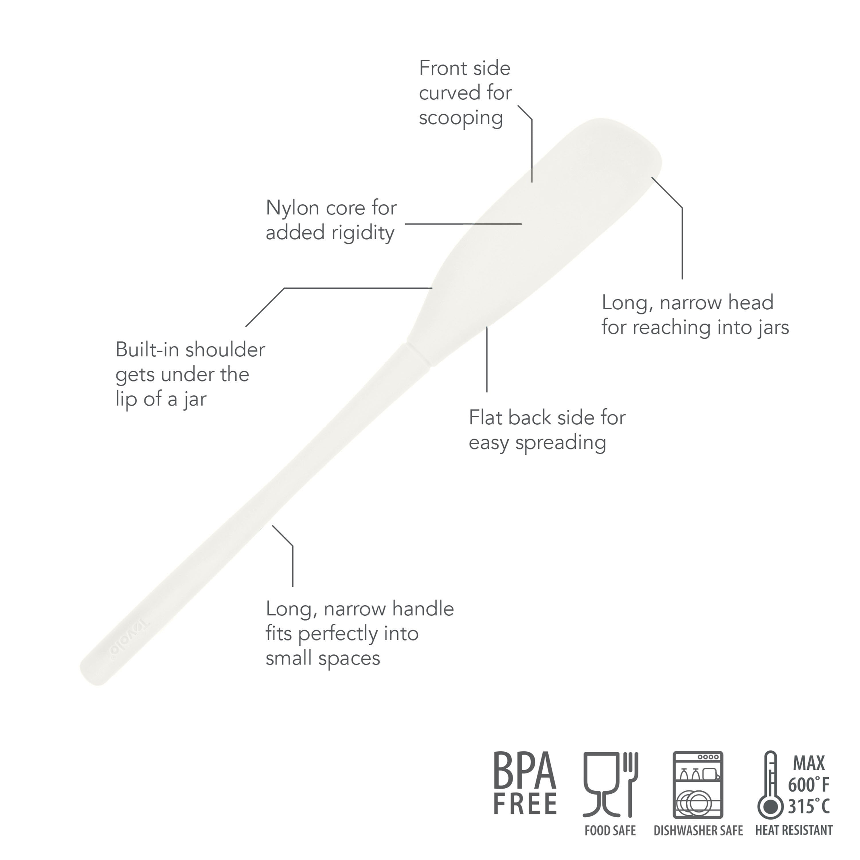The Flex-Core Jar Scraper features a curved front for scooping, flat back for spreading, rigid nylon core, built-in shoulder for jars, and a long handle for tight spaces. BPA free and heat resistant—an essential kitchen tool.