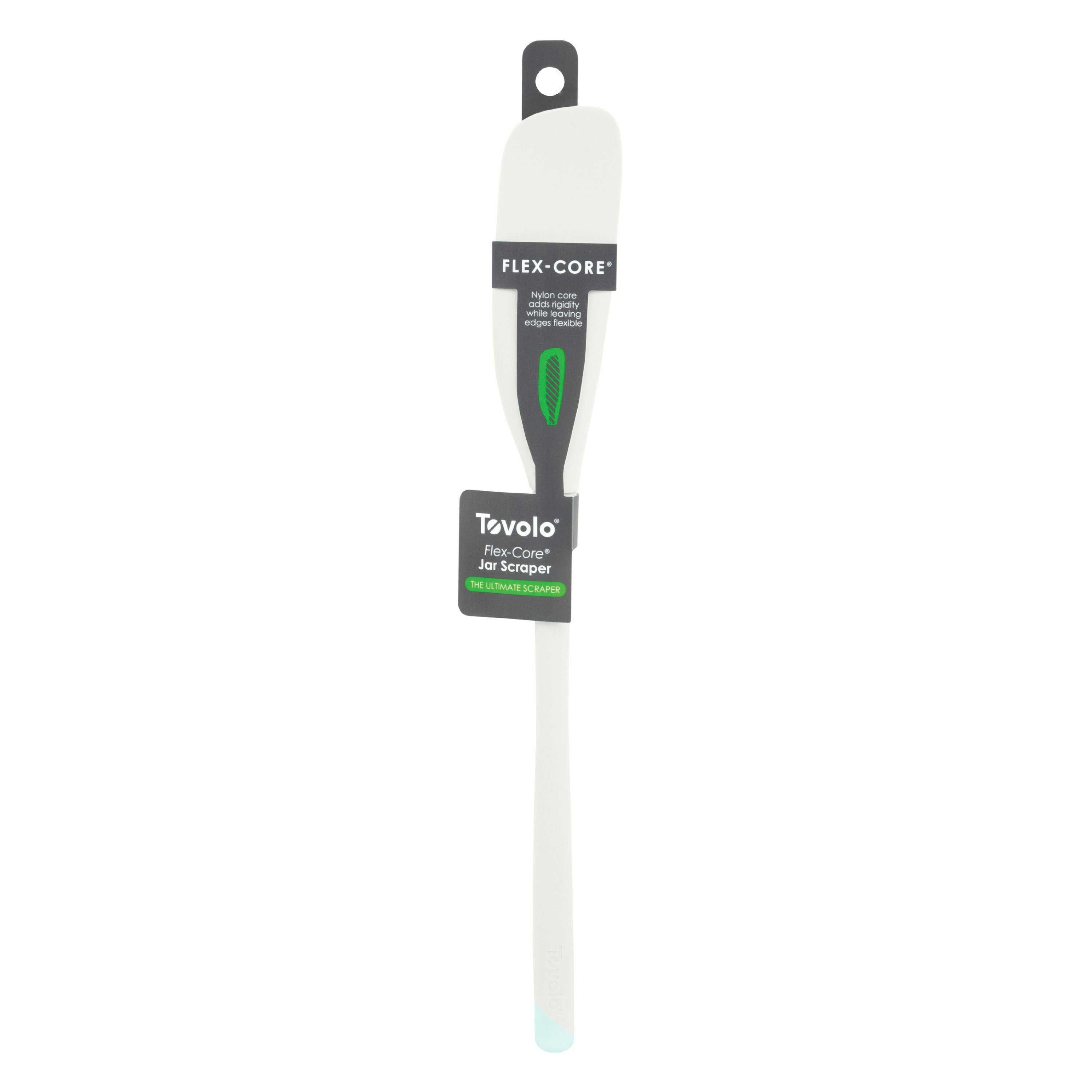 The Flex-Core Jar Scraper is a white silicone spatula with a long handle, ideal for jars and cooking. It has black, green, and teal packaging accents, a hanging hole, and is labeled “Flex-Core Jar Scraper.”.