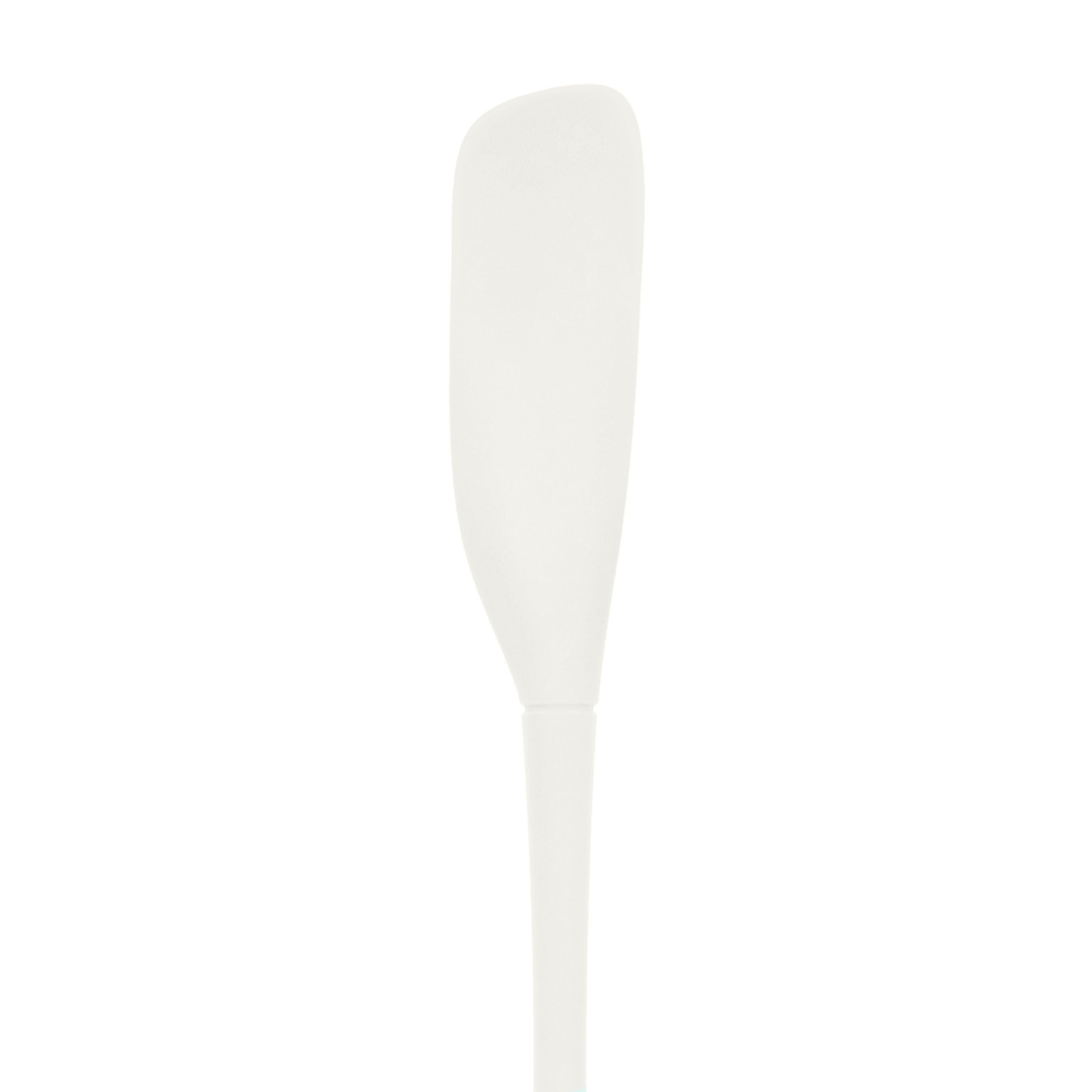 The Flex-Core Jar Scraper is a white silicone kitchen tool with a long handle and a rounded, flat blade, ideal for scraping jars, shown on a plain white background.