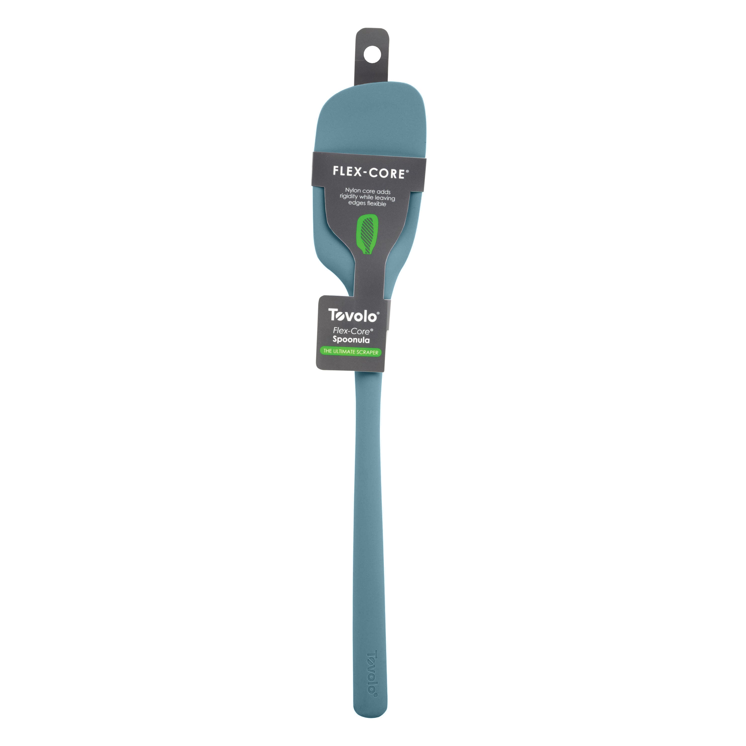 A teal Flex-Core Spoonula kitchen tool with a long handle and top hole is shown in its packaging against a white background.