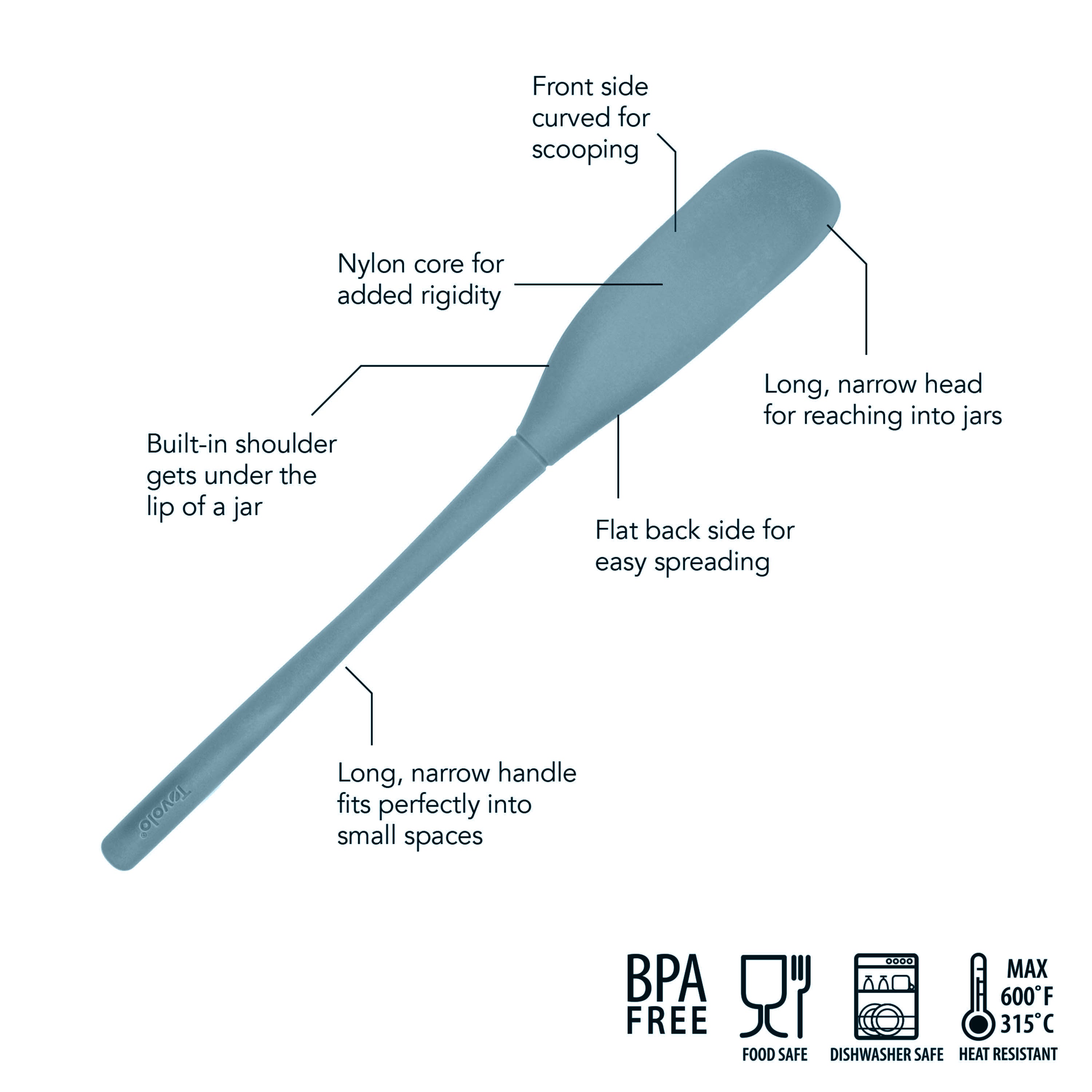 The Flex-Core Jar Scraper is a blue silicone tool with a curved front for scooping, flat back for spreading, built-in jar shoulder, nylon core, long narrow head, and slim handle. BPA free, food safe, dishwasher safe, and heat resistant to 600°F/315°C.