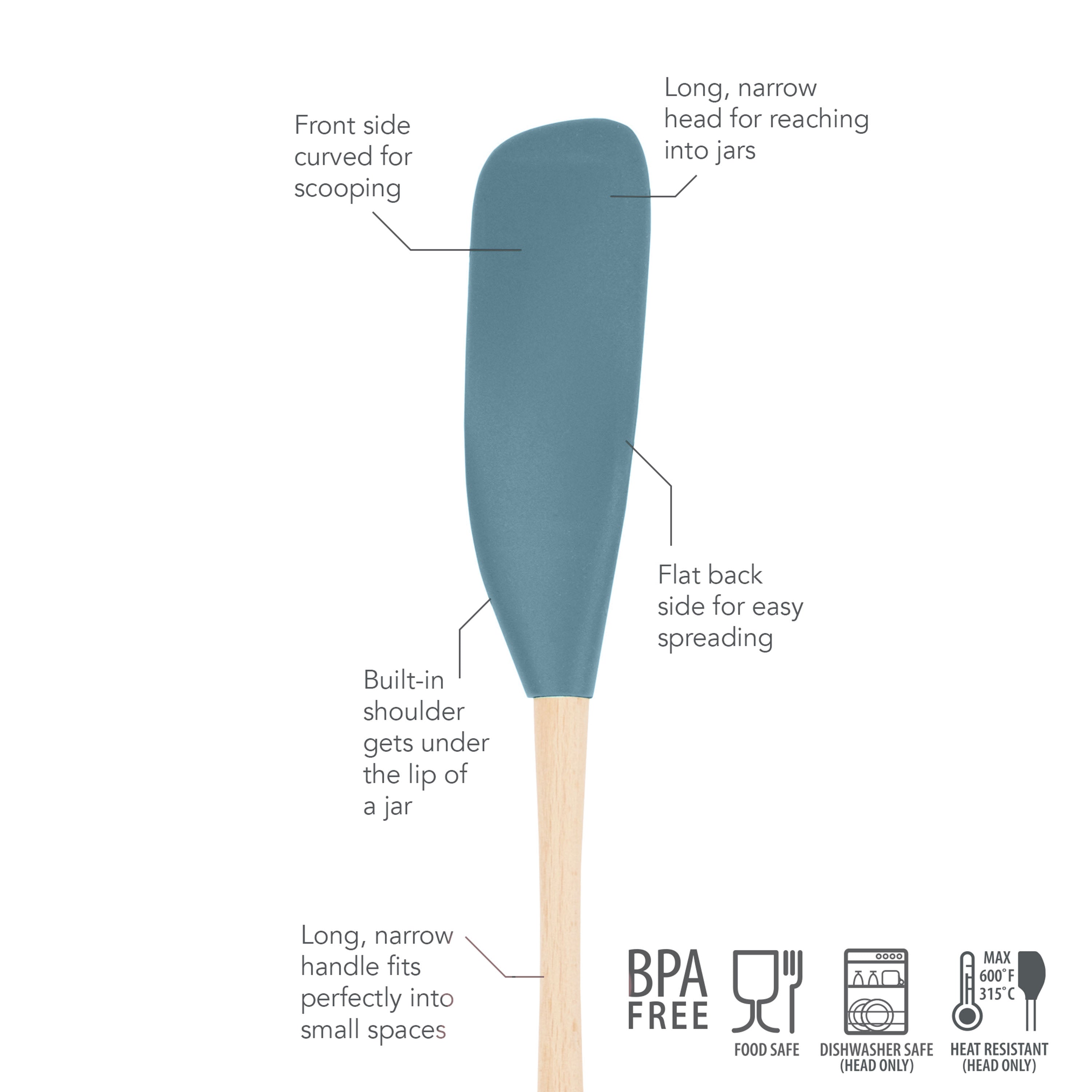 The Flex-Core Jar Scraper is a teal silicone spatula with a curved front for scooping, narrow head for jars, flat back for spreading, built-in shoulder, and long handle. Icons show it’s BPA free, food safe, and heat resistant.