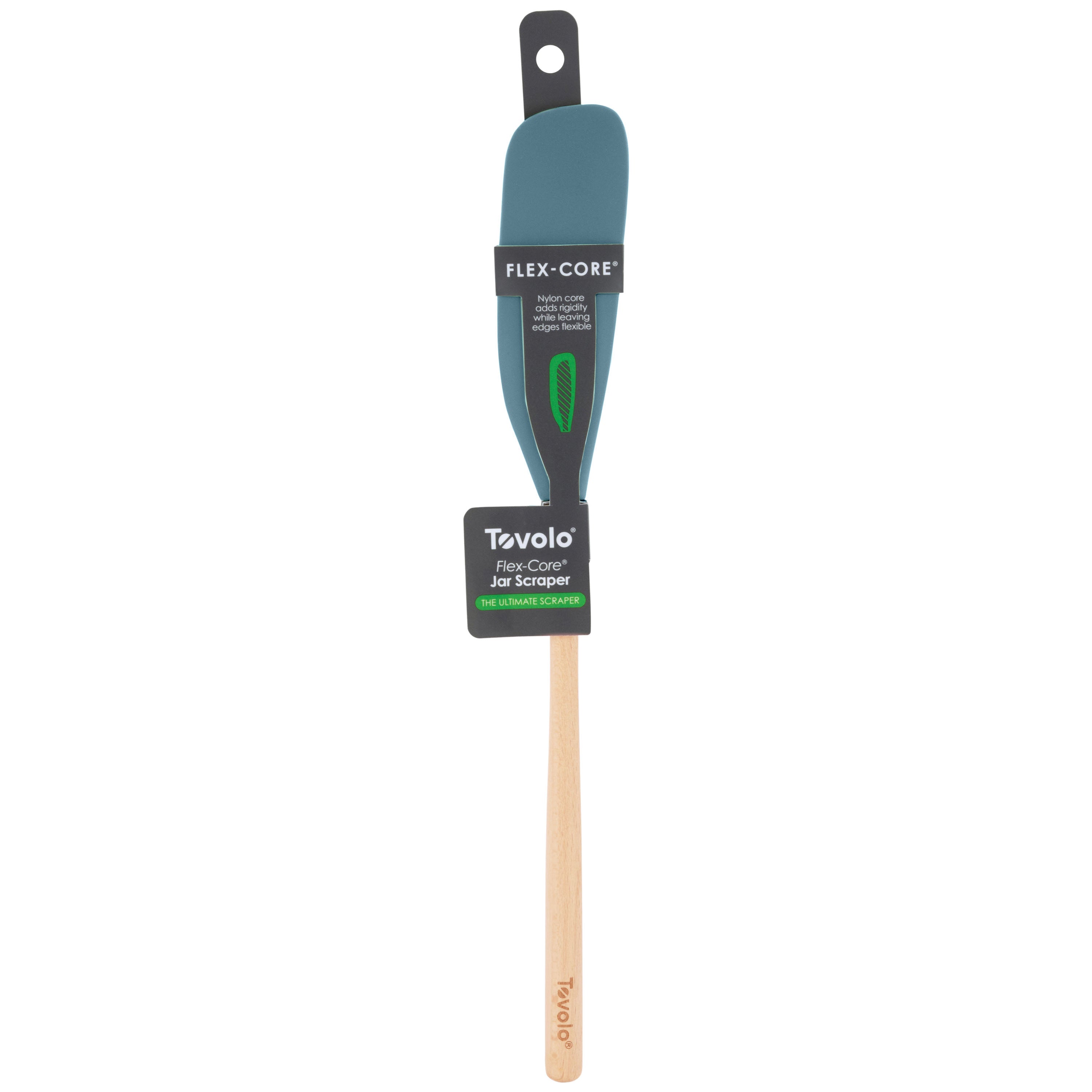 The Flex-Core Jar Scraper features a teal silicone flexible head and wood handle, with a black and green tag—ideal as your next favorite jar scraper or silicone spatula.