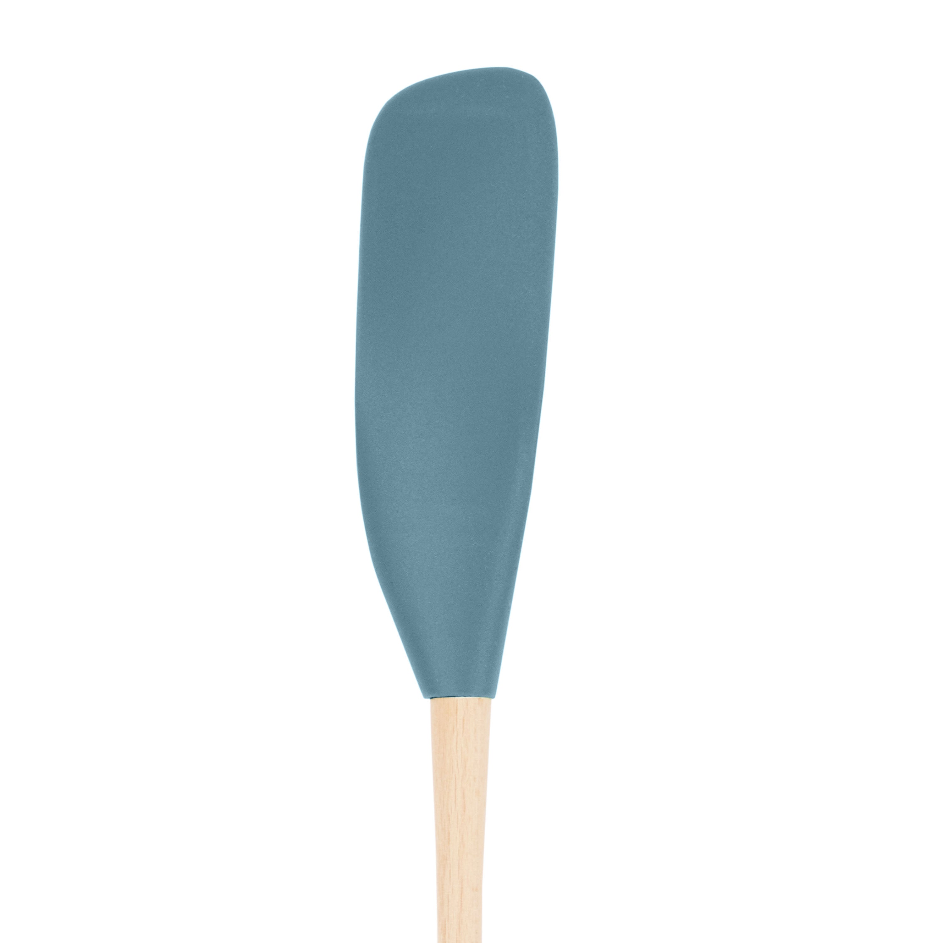 The Flex-Core Jar Scraper features a blue silicone head and a light wooden handle, making it a versatile kitchen tool for scraping jars, shown against a white background.