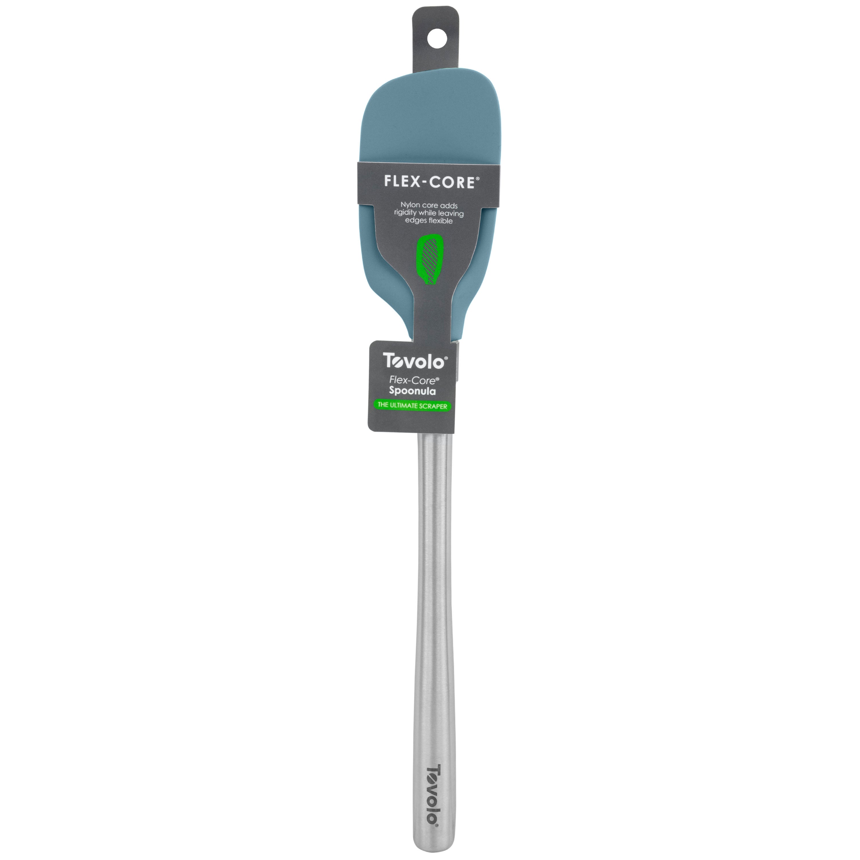The Flex-Core Spoonula features a blue silicone head and stainless steel handle, is dishwasher safe, heat-resistant, and comes in packaging—an ergonomic tool ideal for kitchen tasks.