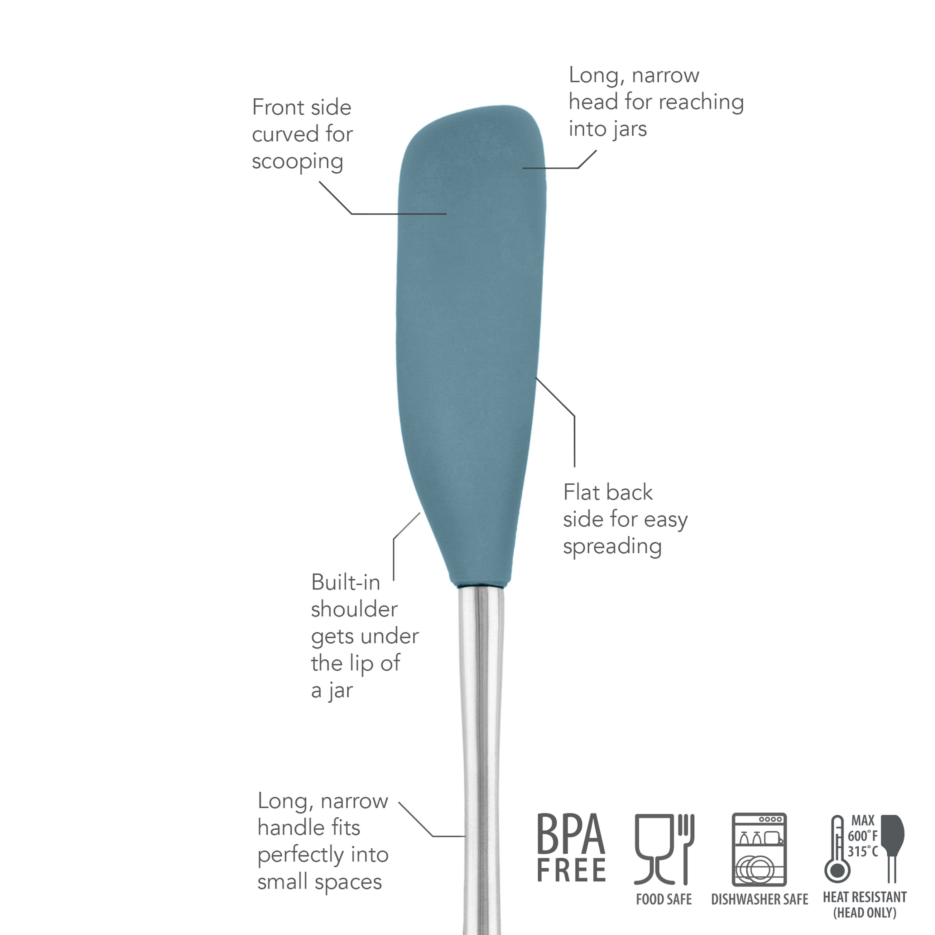 The Flex-Core Jar Scraper is a blue silicone tool with a curved front for scooping, long narrow head for jars, flat back for spreading, and slim handle. It’s BPA free, food safe, dishwasher safe, and heat resistant.