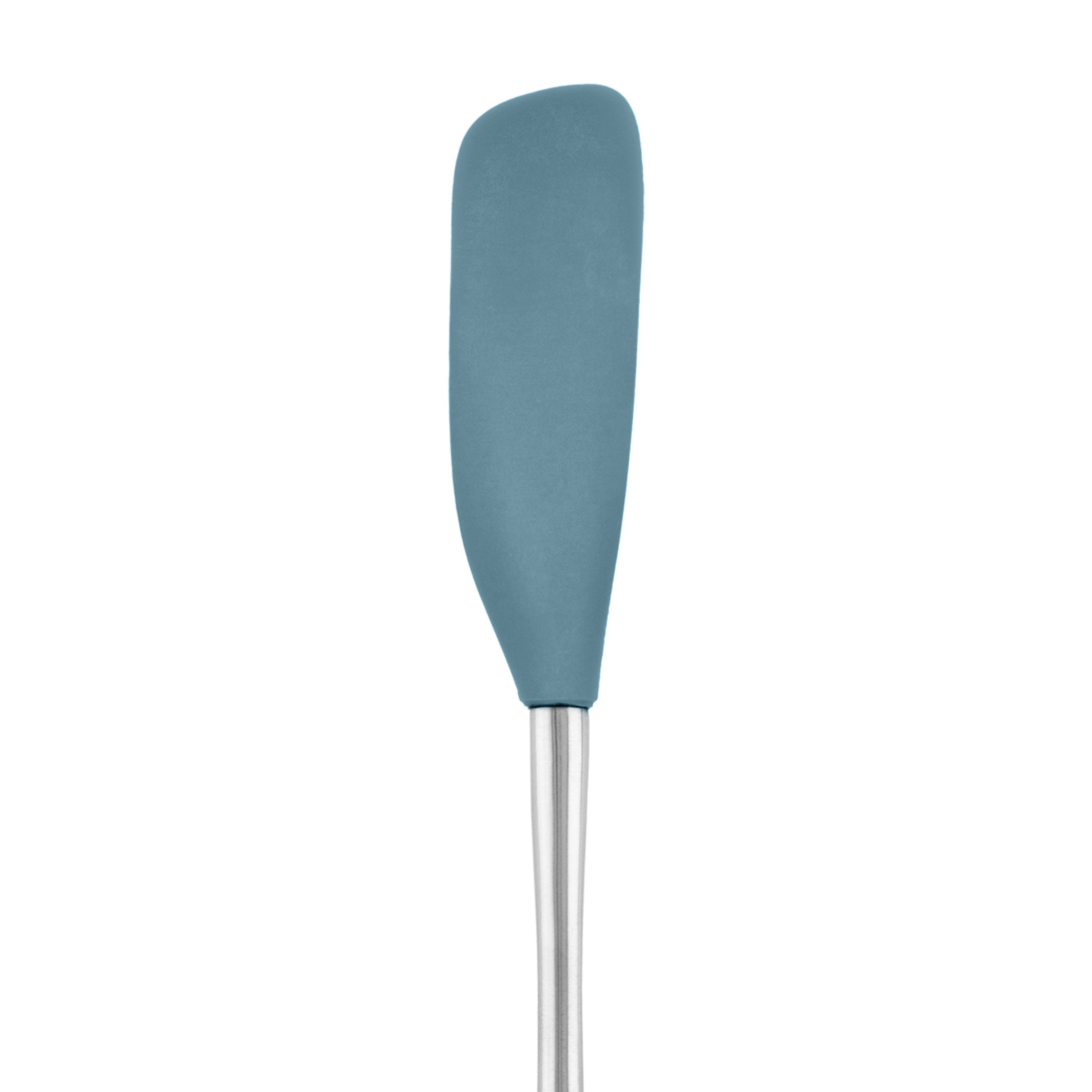 The Flex-Core Jar Scraper features a blue silicone head with a rounded edge and a metal handle, ideal for kitchen tasks or scraping jars, displayed on a white background.