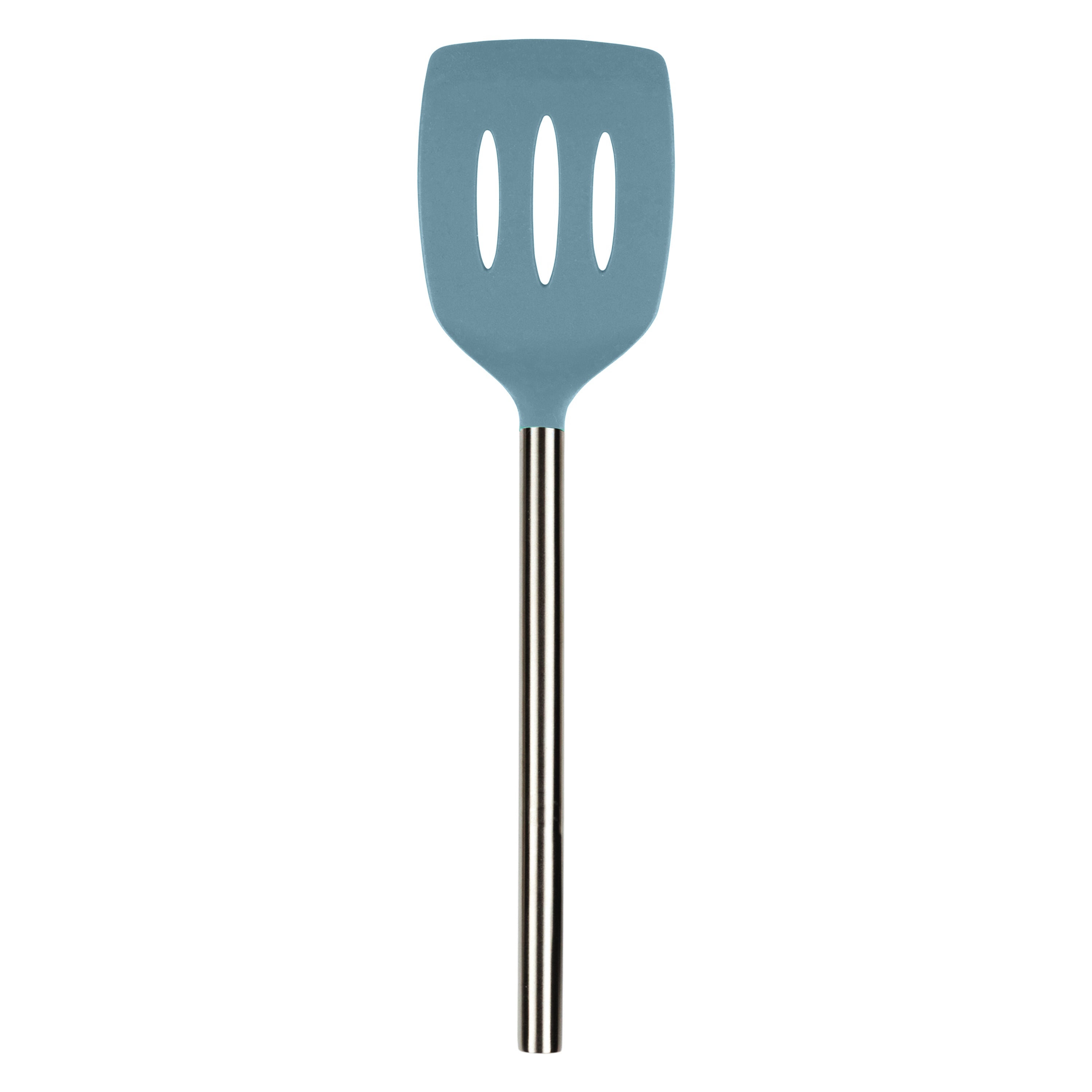 The Silicone Slotted Turner, featuring a blue silicone head and a stainless steel handle, is shown against a plain white background. Its nonstick-safe design makes it ideal for everyday cooking tasks.
