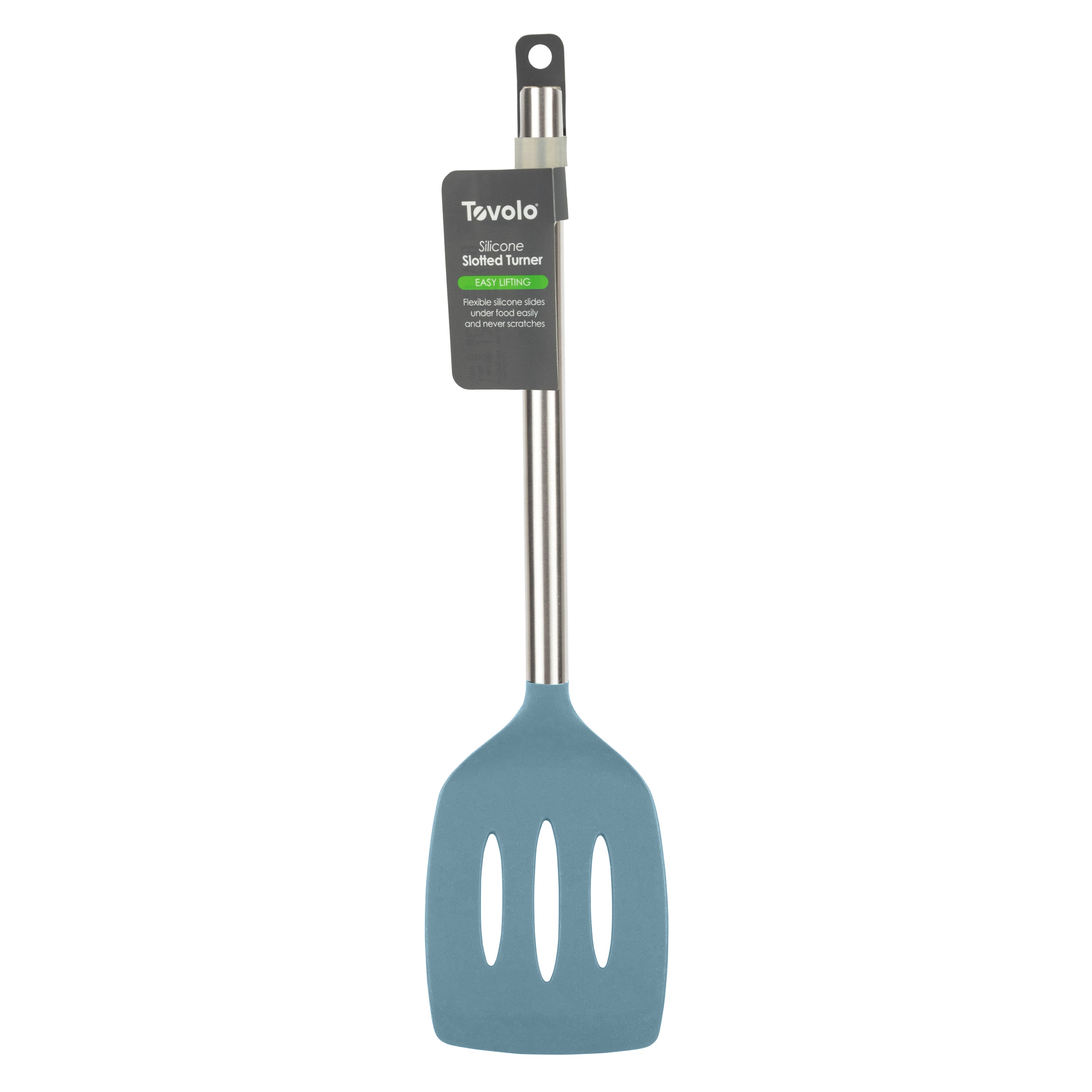 A blue Silicone Slotted Turner with a stainless steel handle hangs upright, product tag attached near the top showing the Tovolo brand. Nonstick safe.