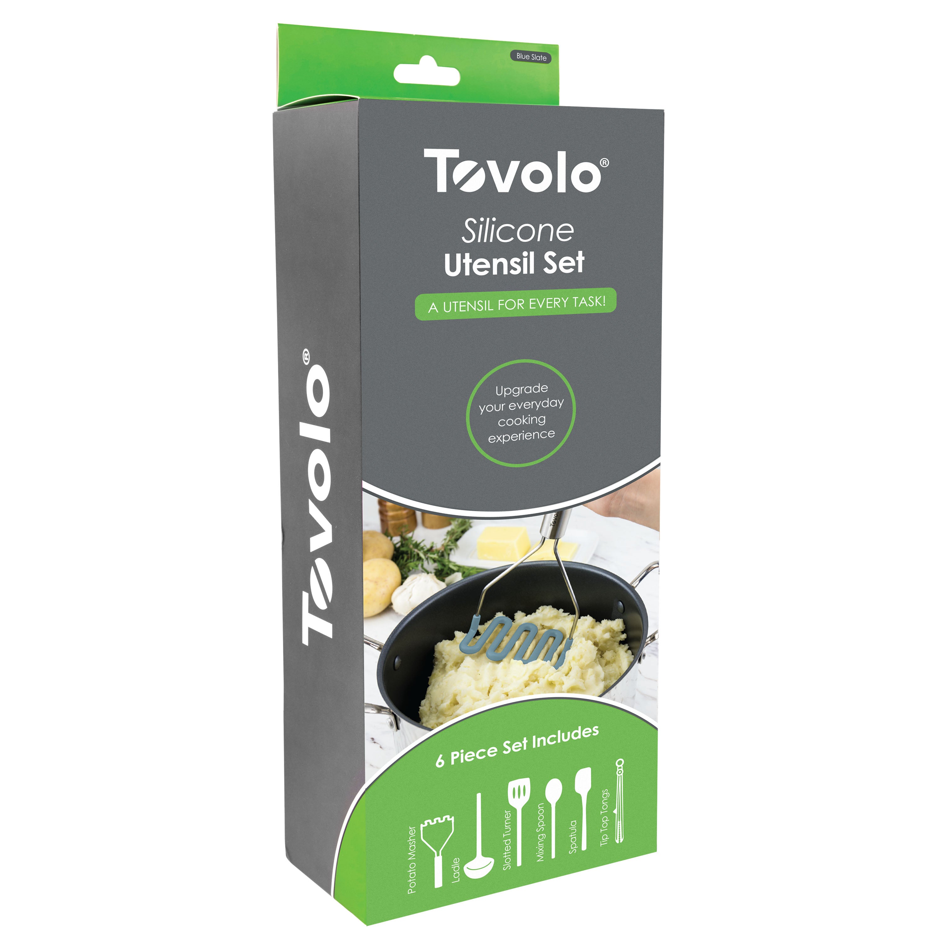 A green and gray box for the Silicone Utensil Set of 6 shows mashed potatoes being mixed. These non-scratch, heat-resistant utensils include a slotted spoon, spatula, solid spoon, ladle, and more.
