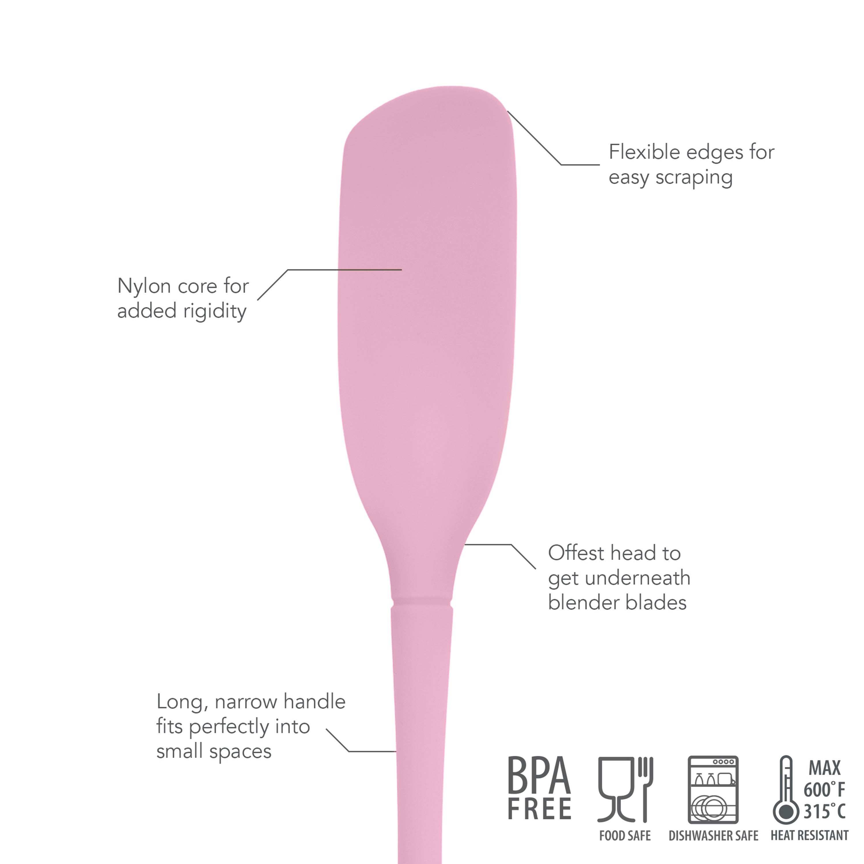 The Flex-Core Jar Scraper is a pink silicone kitchen tool with flexible edges, a nylon core for strength, an offset head for blenders, and a long narrow handle. BPA-free, food safe, dishwasher safe, and heat resistant.