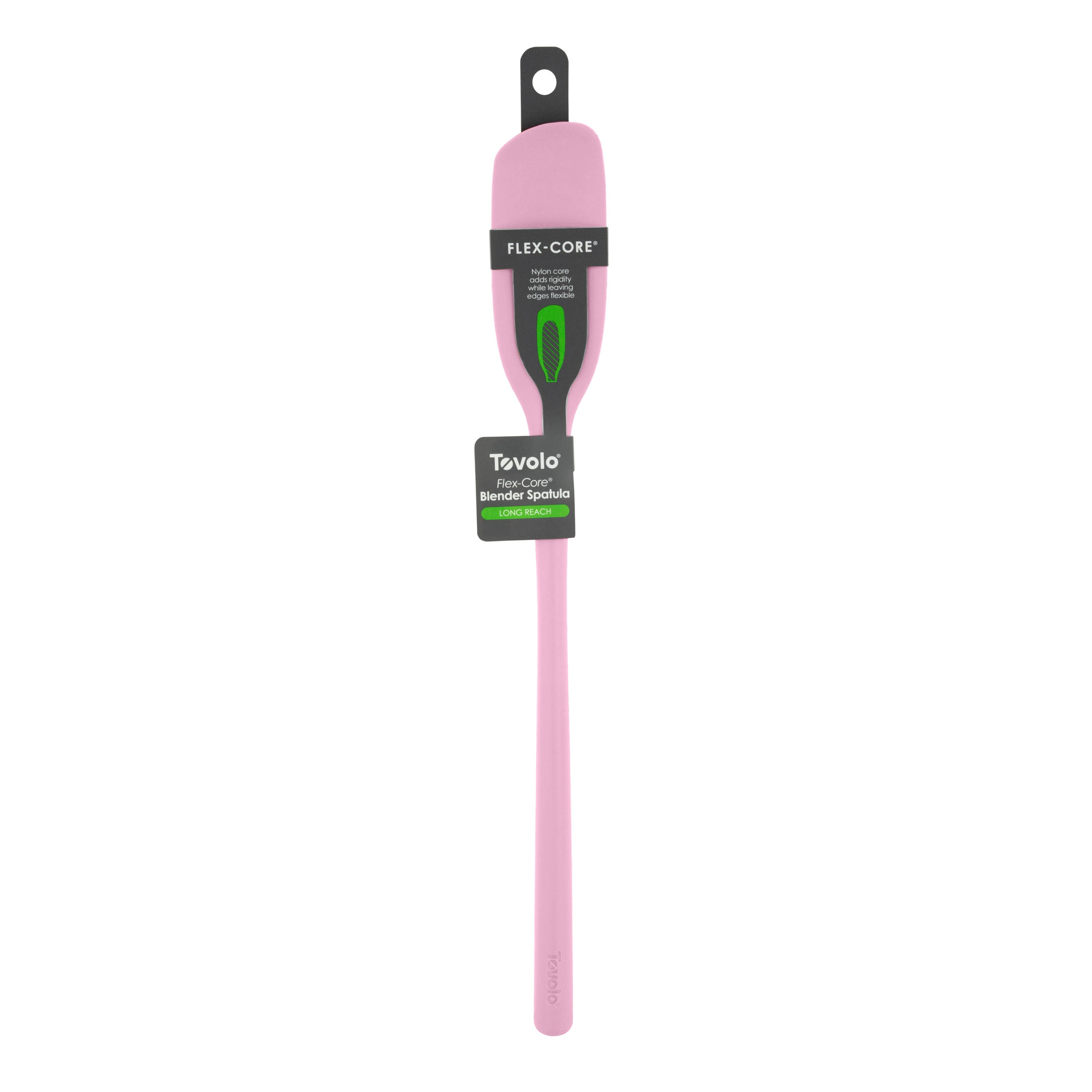 The Flex-Core Jar Scraper, a pink Tovolo silicone spatula with a long handle and hanging hole, is shown in packaging against a white background—ideal for kitchen use or scraping jars.