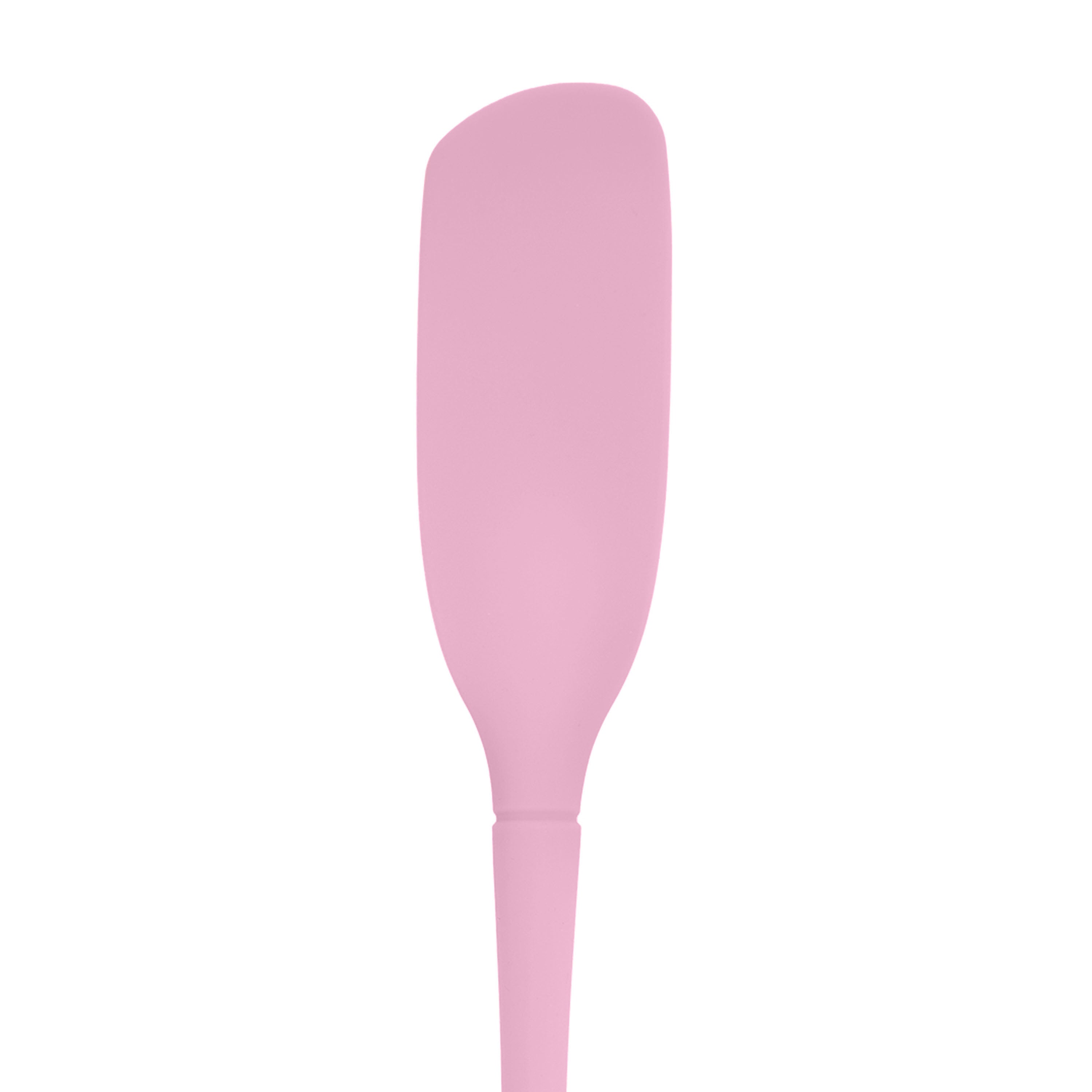 The Flex-Core Jar Scraper is a pink silicone kitchen tool with a rounded, flat blade and smooth handle, ideal for scraping jars or mixing, pictured against a white background.