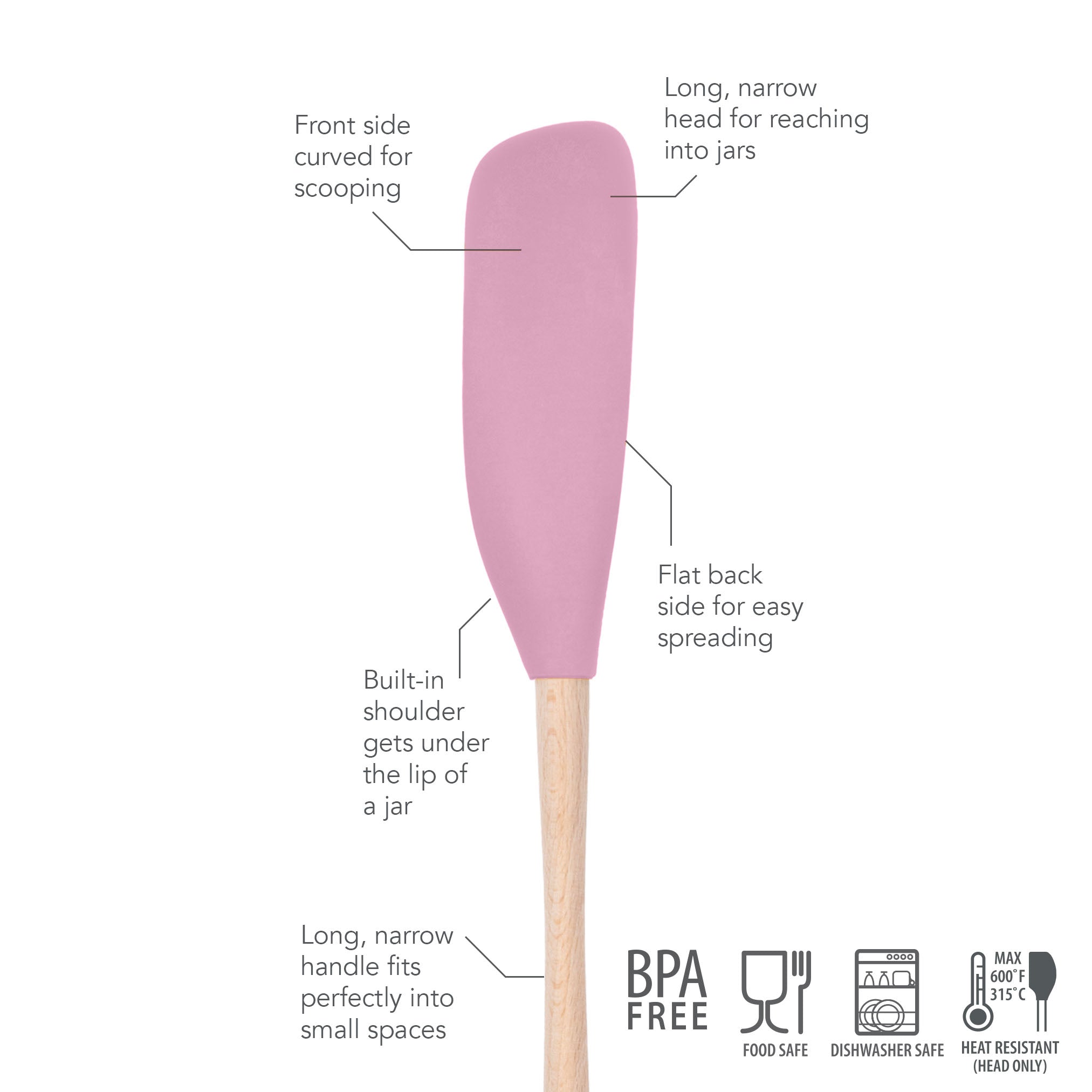 The Flex-Core Jar Scraper is a pink silicone spatula with a wooden handle, curved front, flat back, and built-in shoulder—ideal for jars. BPA free, dishwasher safe, and heat resistant.