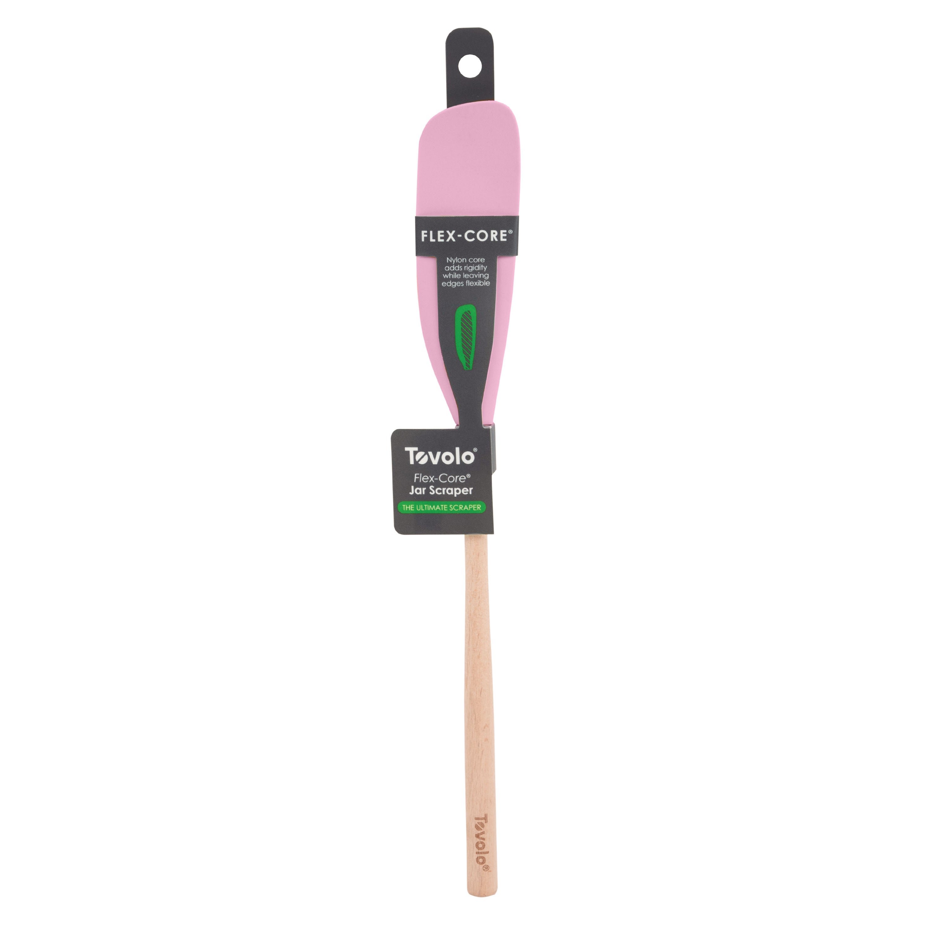 The Flex-Core Jar Scraper features a pink silicone head and wooden handle, safe for non-stick cookware. Labeled “Tovolo Flex-Core Jar Scraper,” it includes a hanging hole for easy storage, making it an ideal kitchen tool.