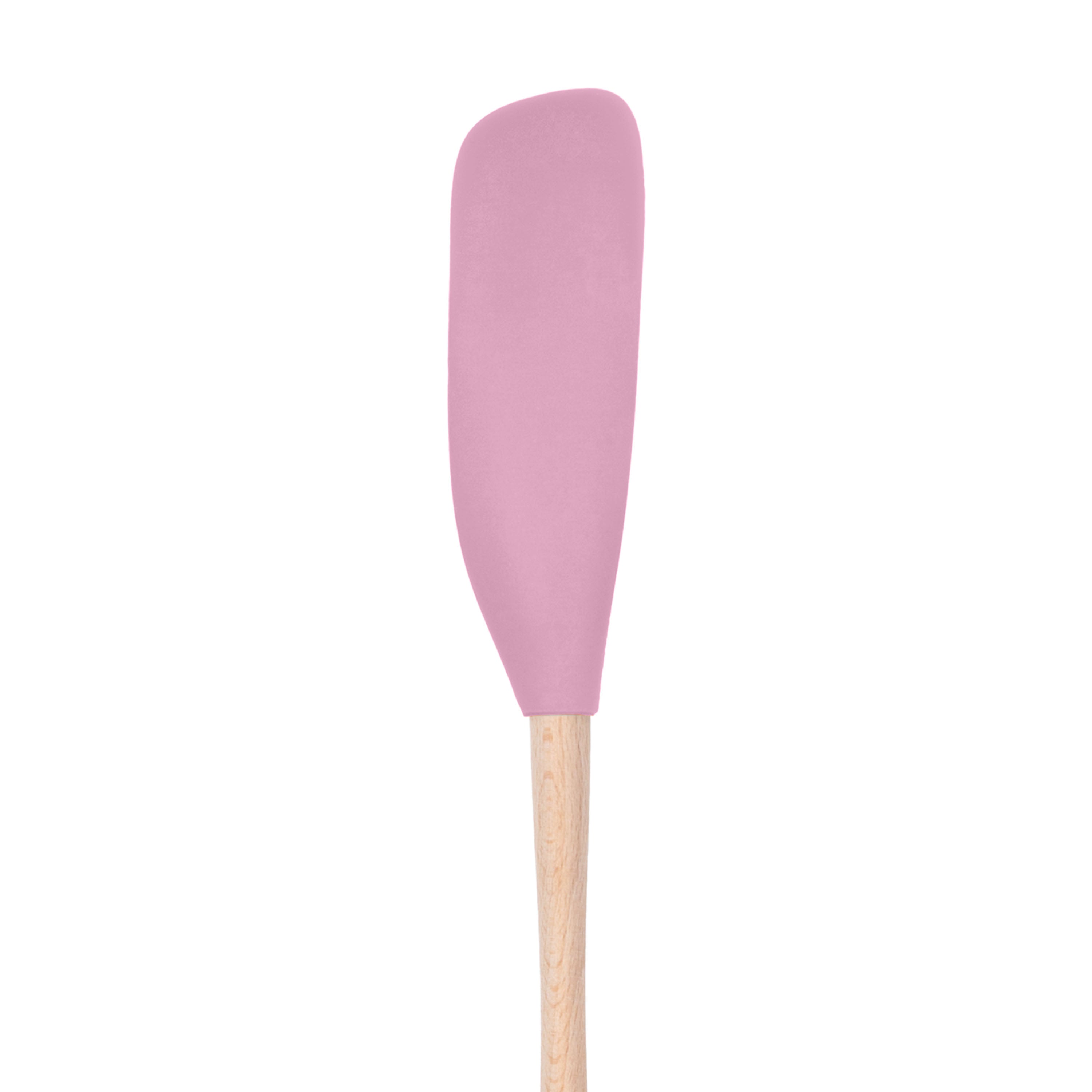 The Flex-Core Jar Scraper, featuring a pink silicone head and light wooden handle, is a versatile kitchen tool or jar scraper, displayed against a white background.