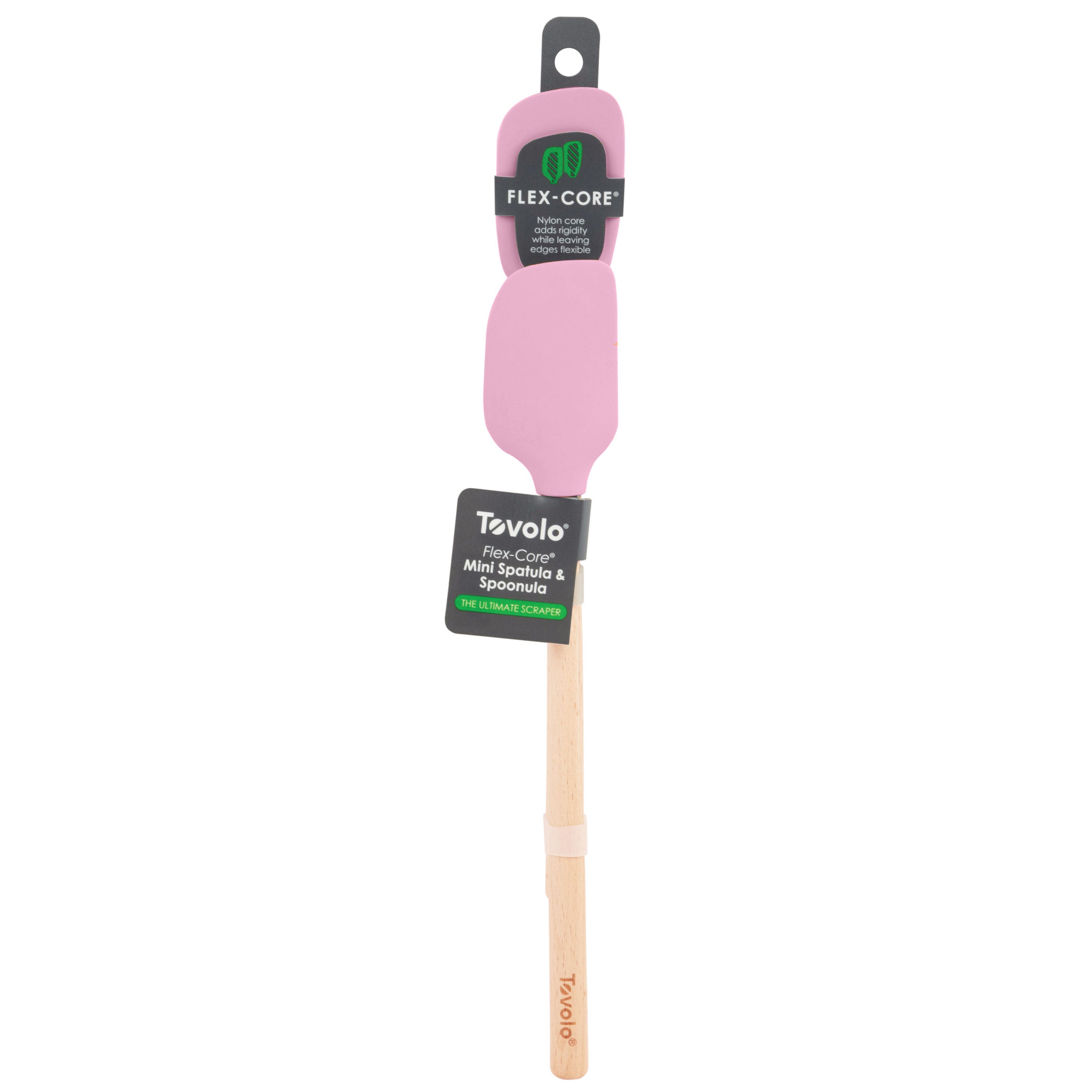 A pink Flex-Core Mini Spat + Spoonula with a wooden handle, shown with product tags attached. This heat-resistant silicone utensil is ideal for various baking and cooking tasks.
