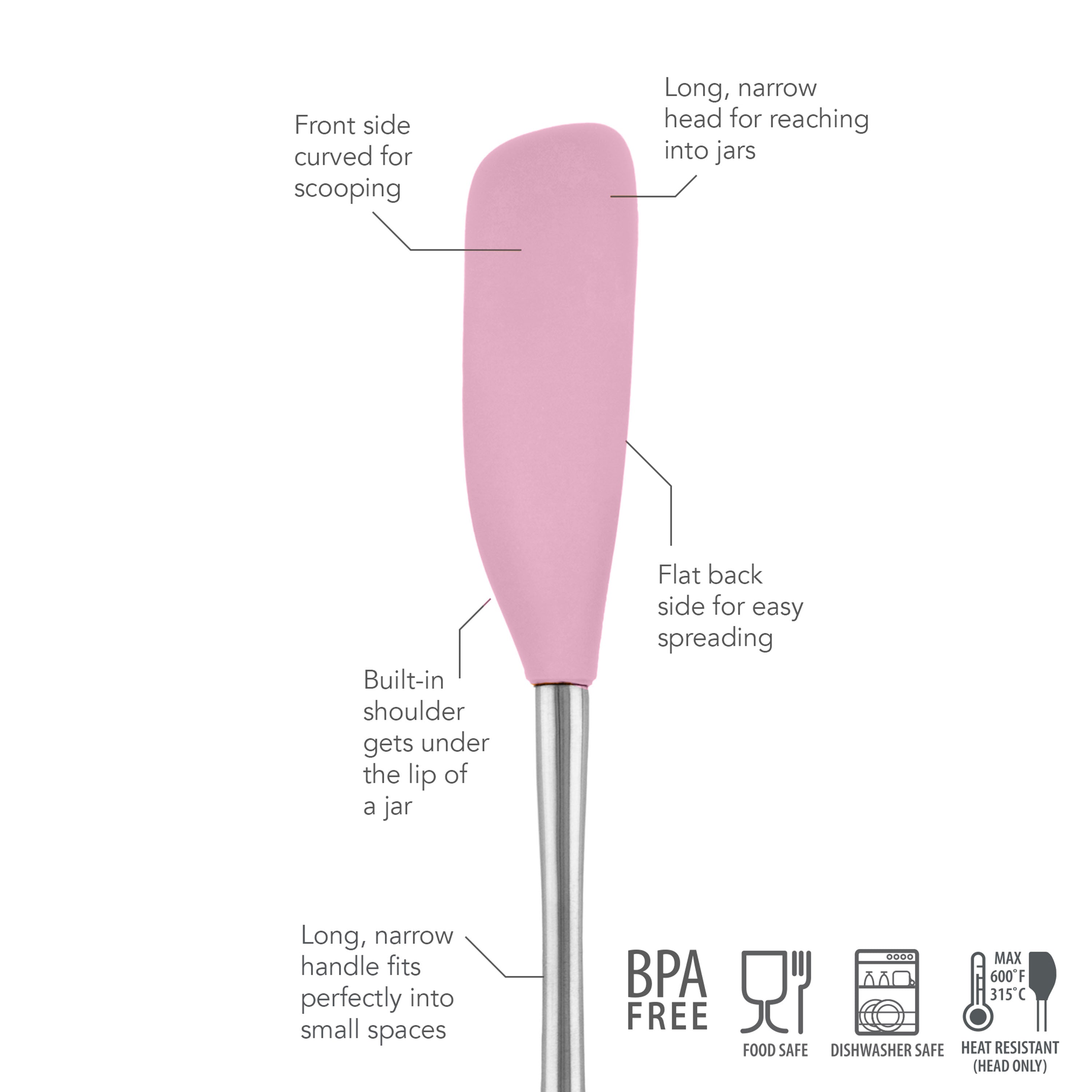 The Flex-Core Jar Scraper is a pink silicone spatula with a front scoop, long narrow head for jars, flat back for spreading, and a built-in shoulder for jar lips. It is BPA-free, food safe, heat resistant, dishwasher safe, and has an extra-long handle.