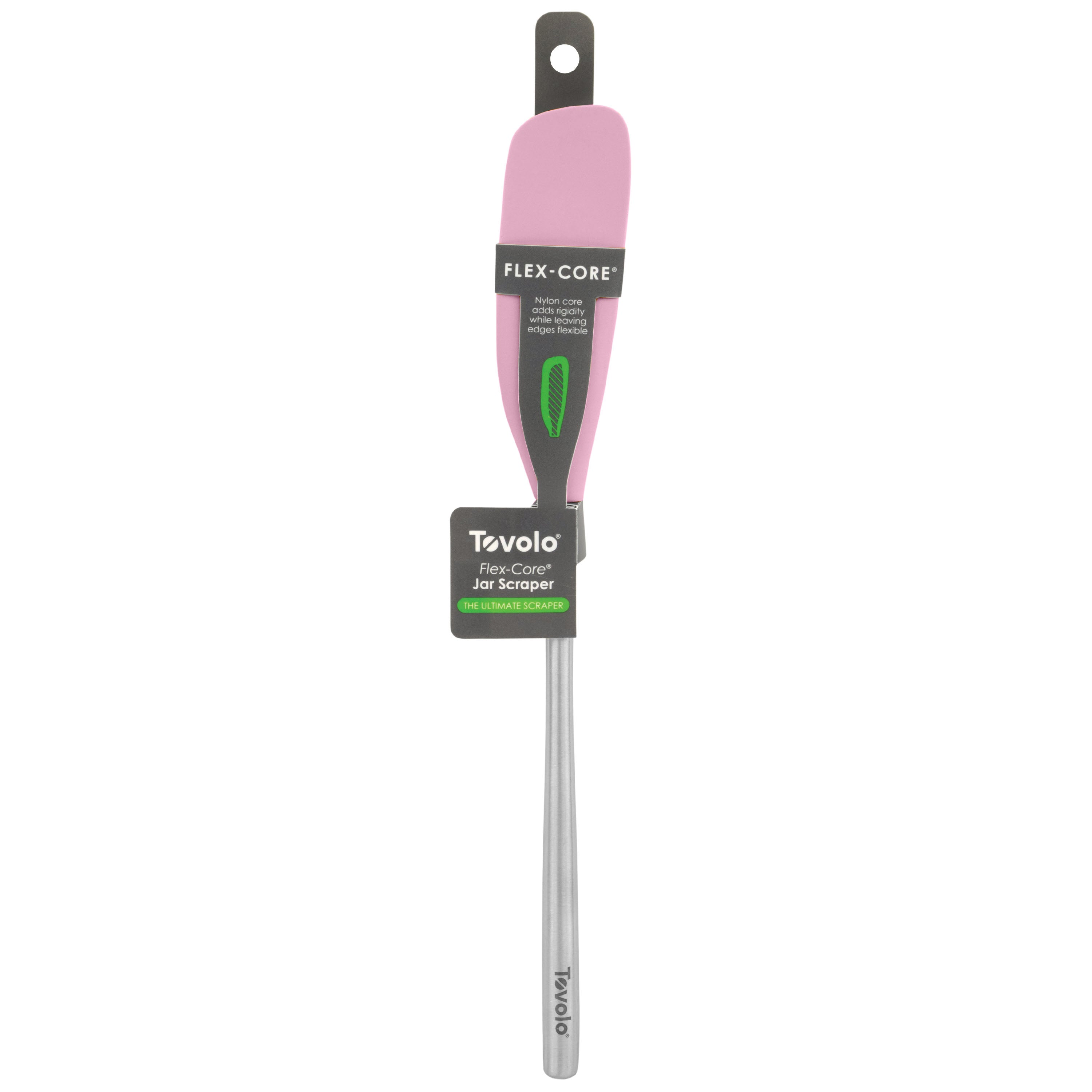 The Flex-Core Jar Scraper is a pink silicone spatula with a stainless steel handle and product tag, designed for versatile kitchen use such as mixing and scraping jars.