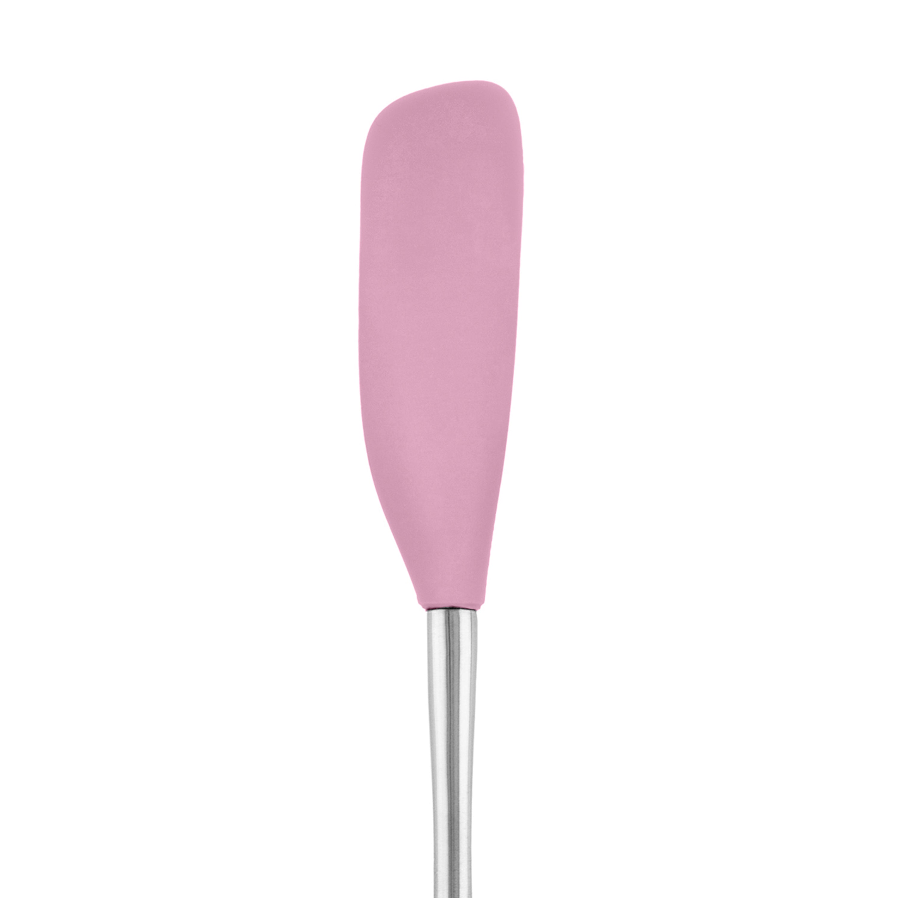 The Flex-Core Jar Scraper, a pink silicone spatula and jar scraper with a stainless steel handle, is pictured against a white background.