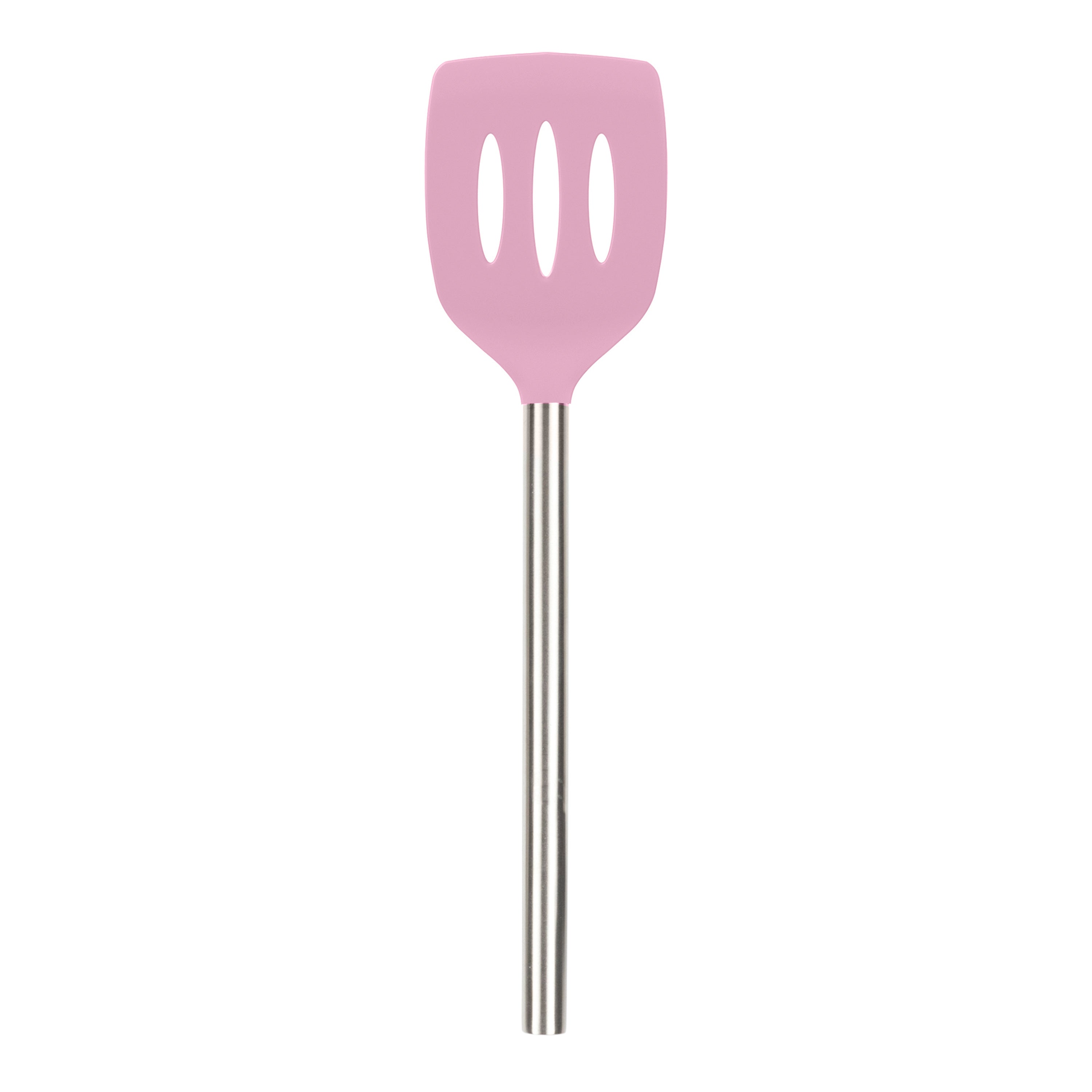 A Silicone Slotted Turner with a pink, nonstick-safe head and stainless steel handle is displayed against a white background.