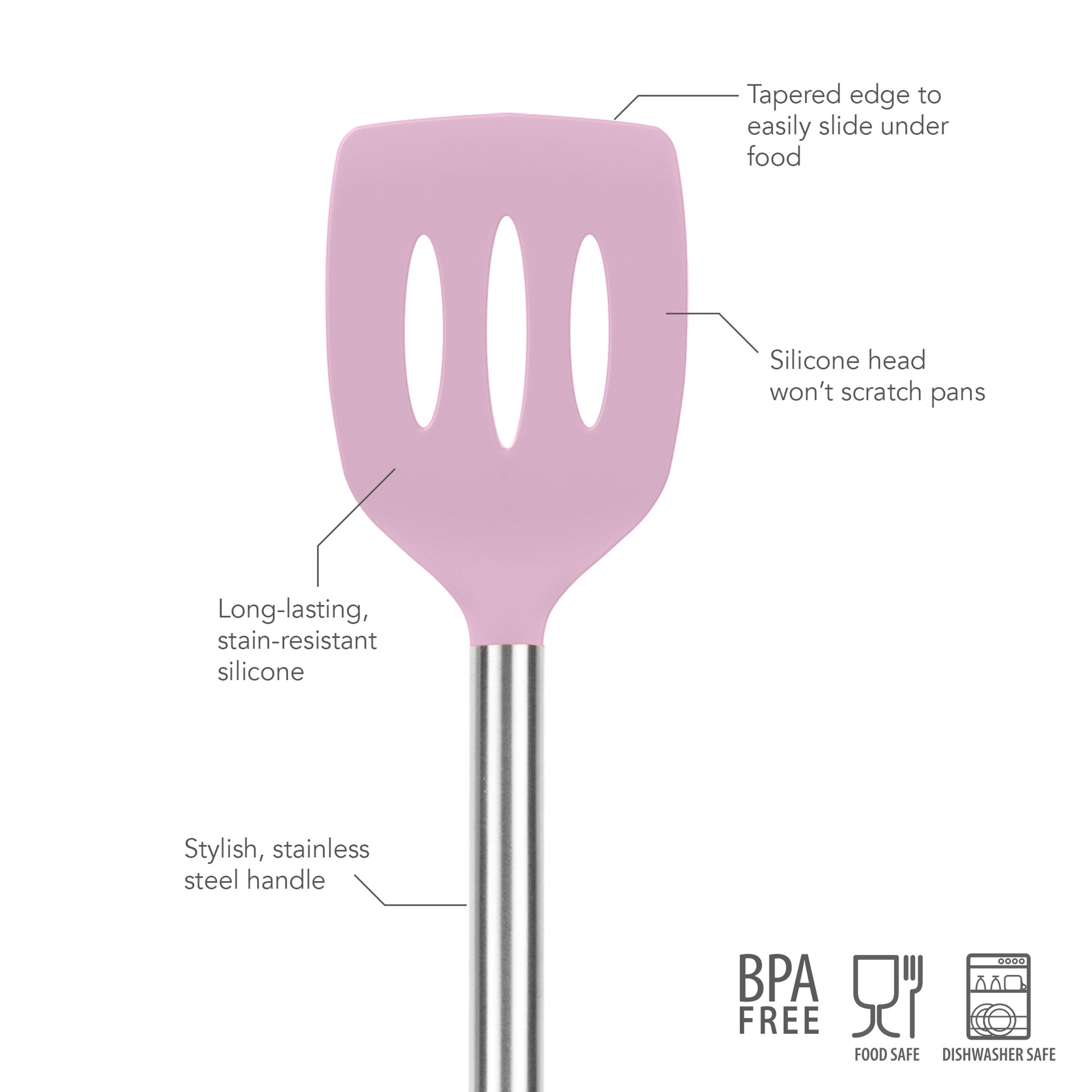 A pink Silicone Slotted Turner with a stainless steel handle, labeled for its tapered edge, nonstick safe, scratch-resistant silicone head, durable build, and stylish handle. Icons show it's BPA free, food safe, and dishwasher safe.