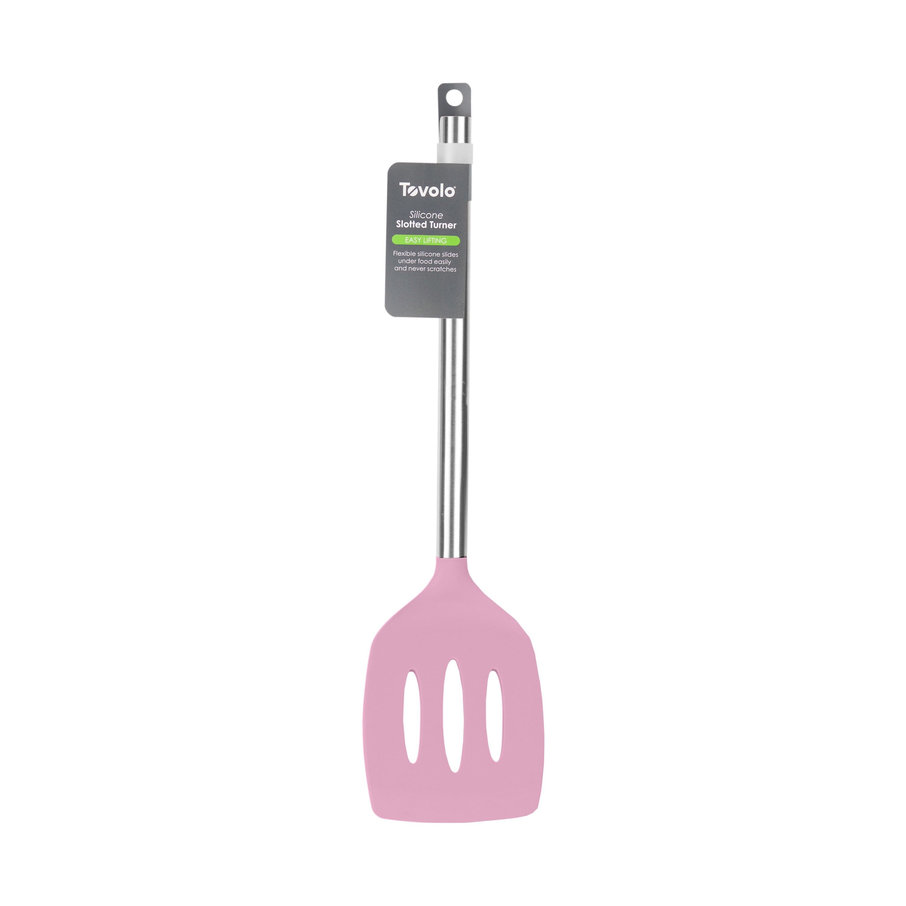The Silicone Slotted Turner features a pink silicone head, stainless steel handle with a hanging hole, is safe for nonstick cookware, and comes with a product tag, shown against a white background.