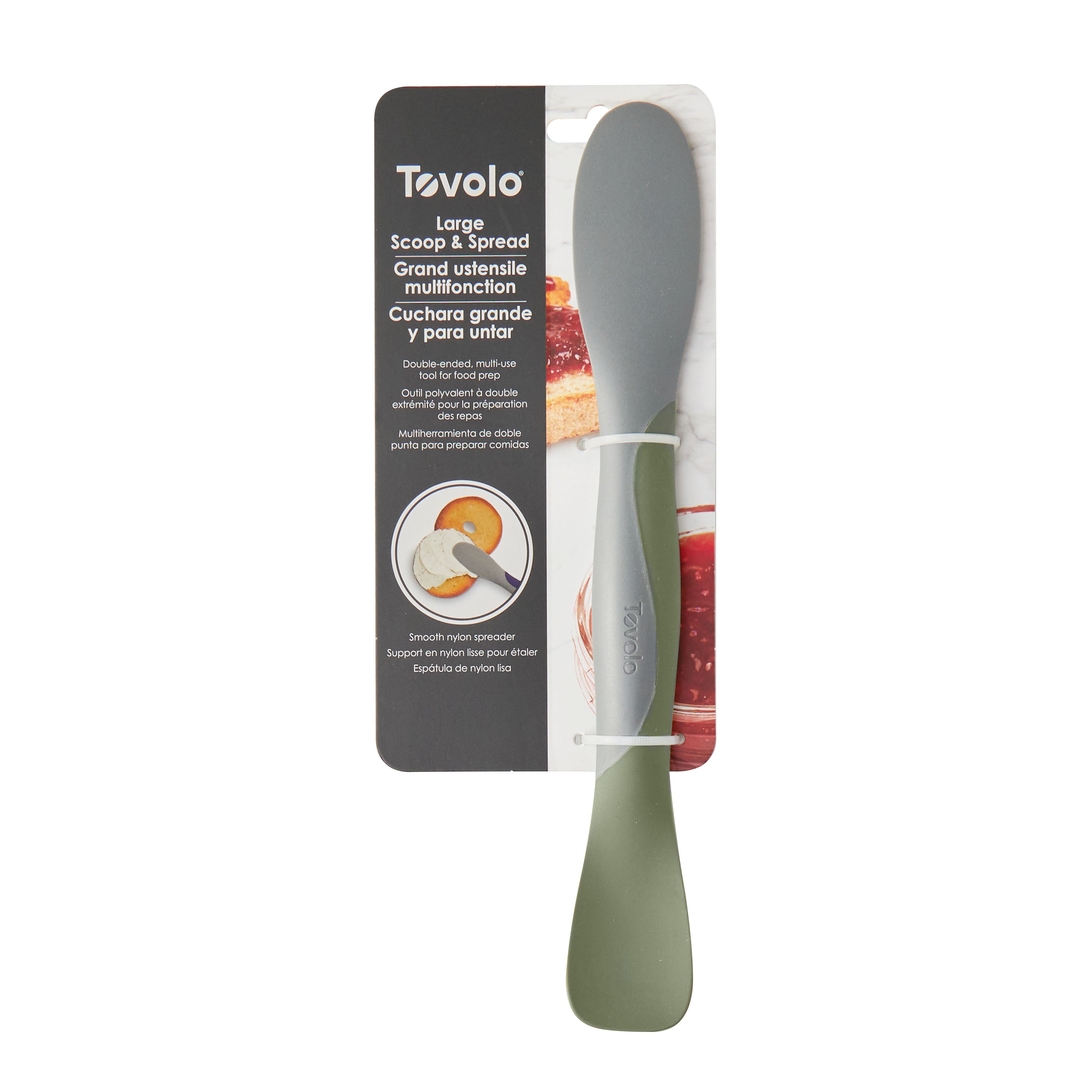 The Scoop and Spread kitchen tool is shown in its packaging with a gray and green handle, plus product info and images displaying this versatile utensil in use with spreads and jars.