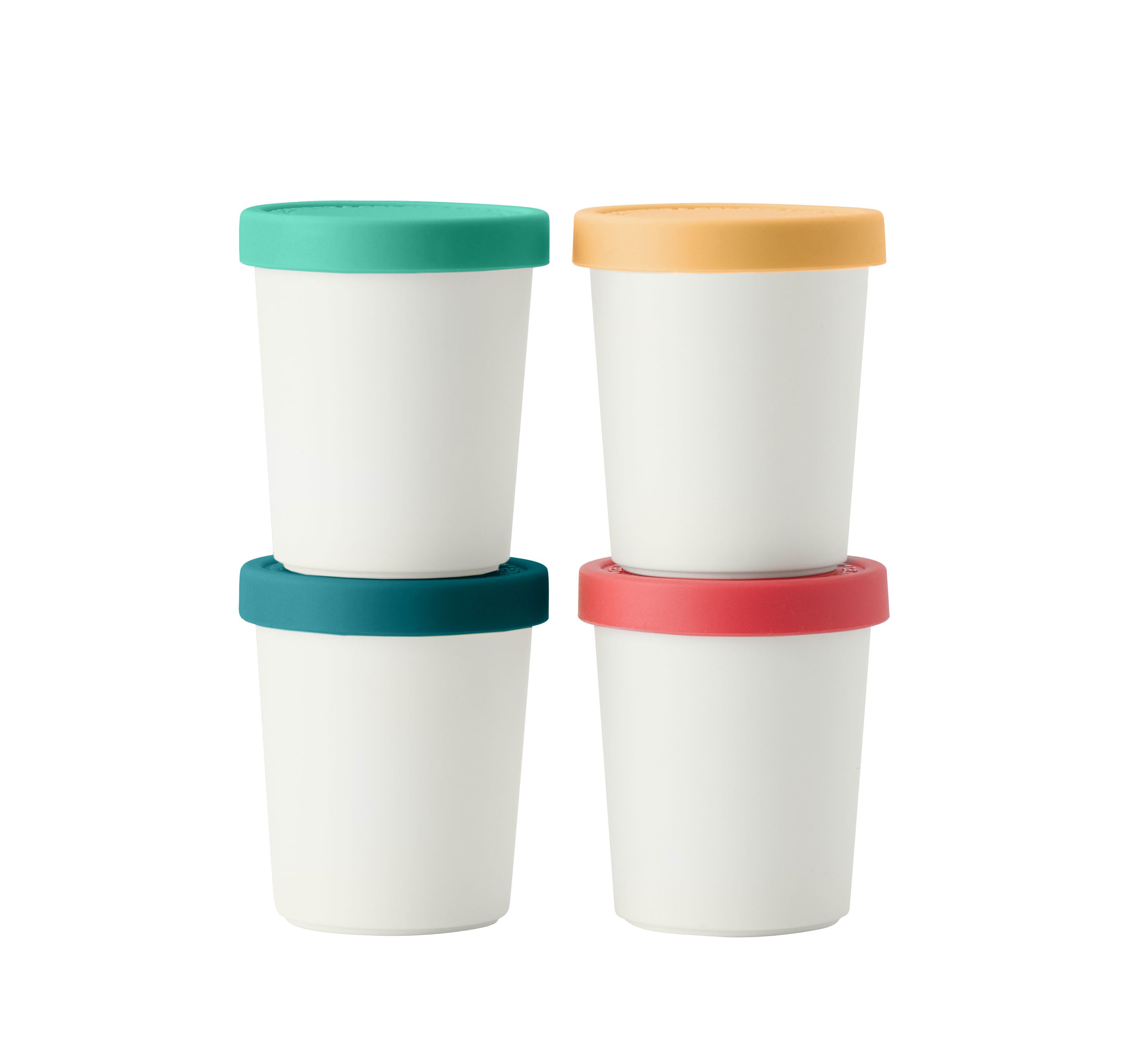 Four Mini Sweet Treats Tubs are stacked in two columns, each with a colorful silicone lid—teal, yellow, dark teal, and coral pink—set against a white background for stylish freezer burn prevention.