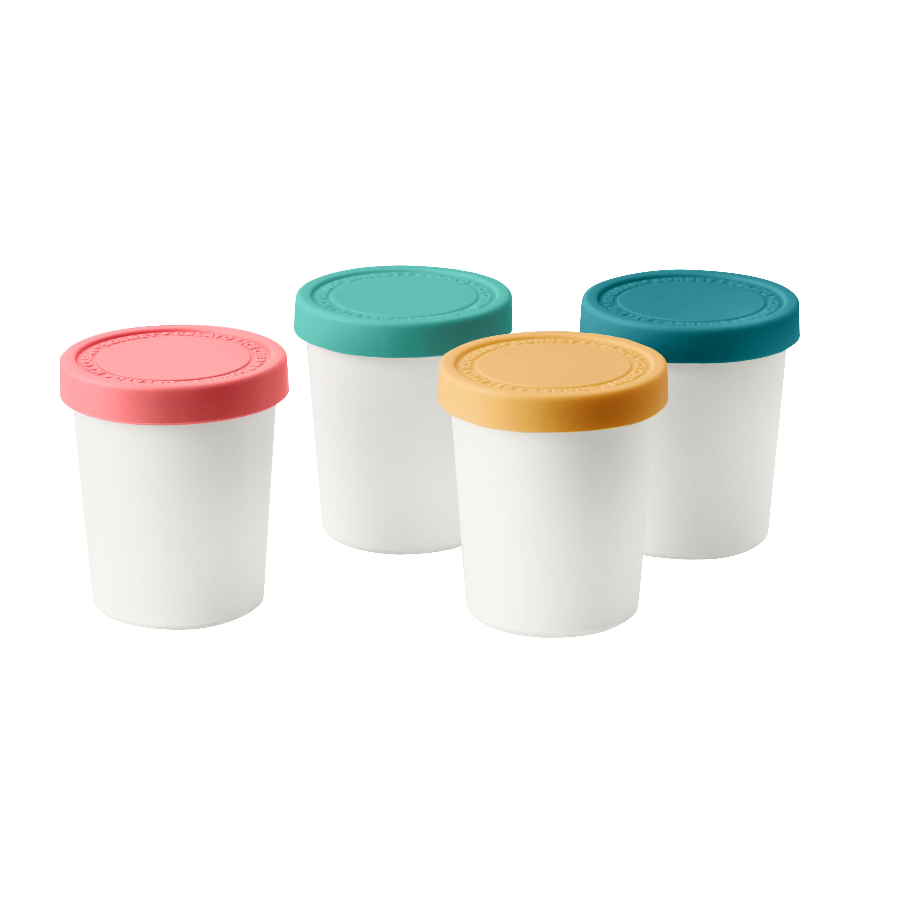 Four Mini Sweet Treats Tubs with colorful silicone lids—pink, teal, yellow, and blue—are arranged on a white background, ideal for preventing freezer burn.