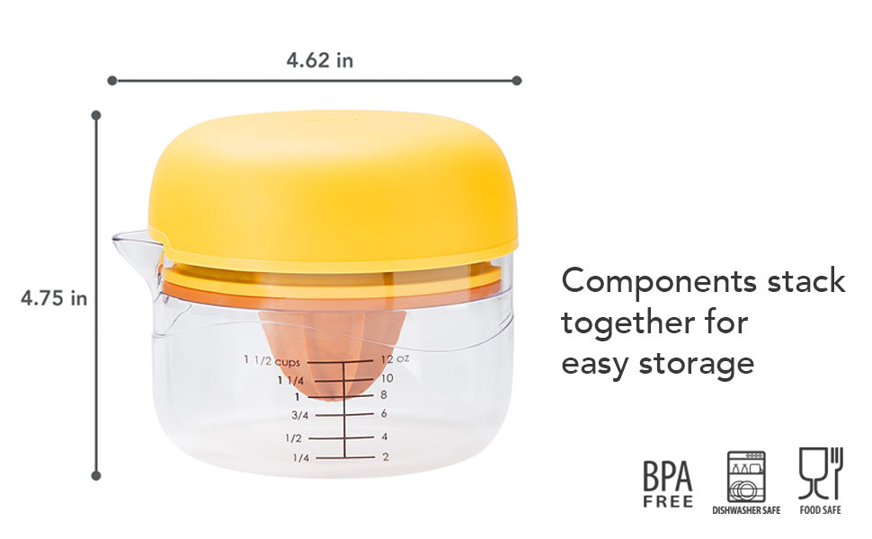 The All-in-One Juicer is a compact, BPA-free citrus juicer with a yellow lid, clear container, measurement markings up to 1.5 cups, stackable 3-in-1 components for easy storage, and is dishwasher safe. Size: 4.62 x 4.75 inches.