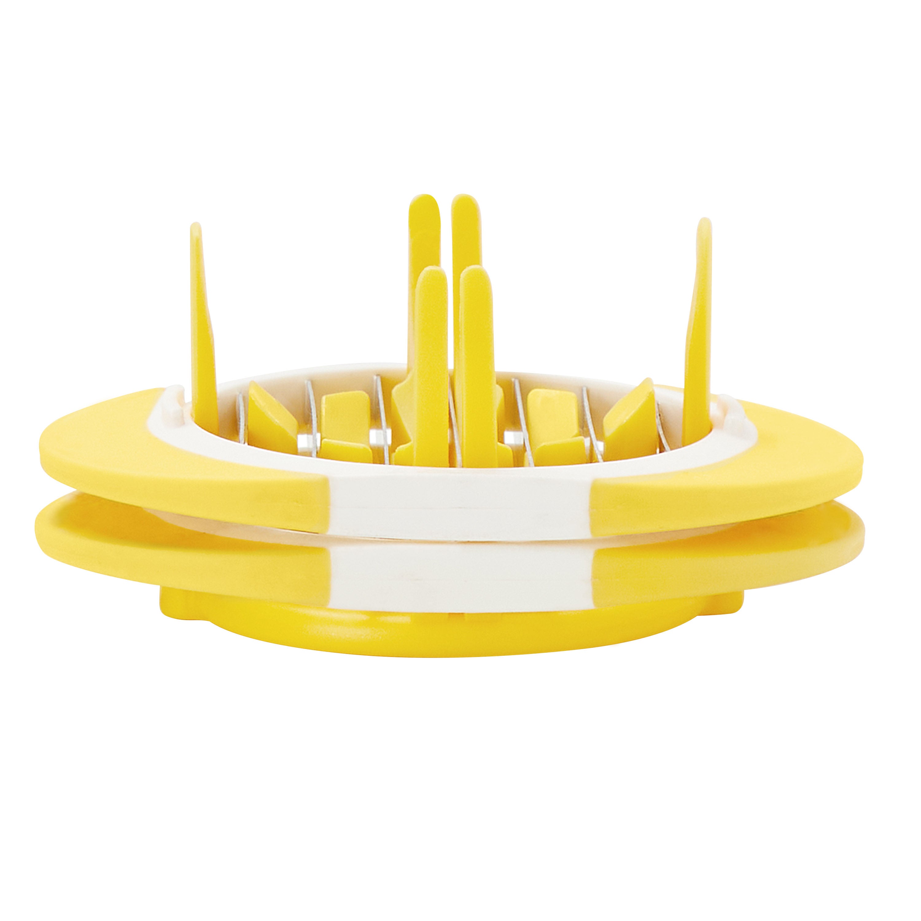 The Citrus Slicer and Wedger is a yellow and white circular tool with evenly spaced stainless steel blades, shown from the side on a white background, designed for slicing or wedging fruits and vegetables.