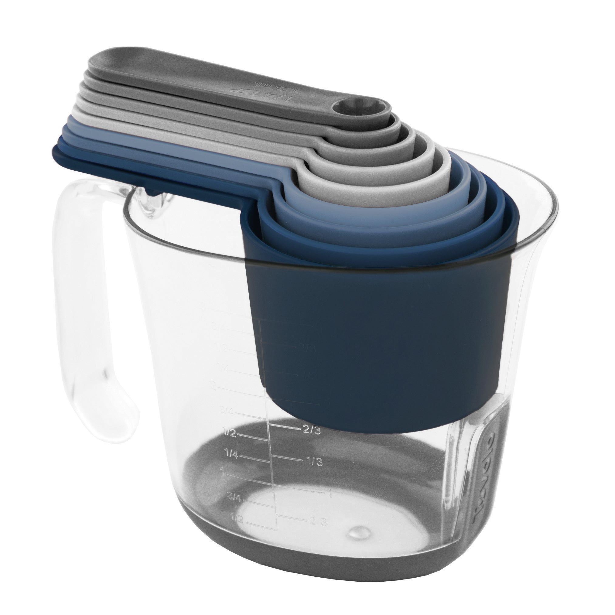 The Magnetic Nested Measuring System in blue and gray fits neatly inside a clear plastic jug with a handle, keeping your kitchen organized and stylish.