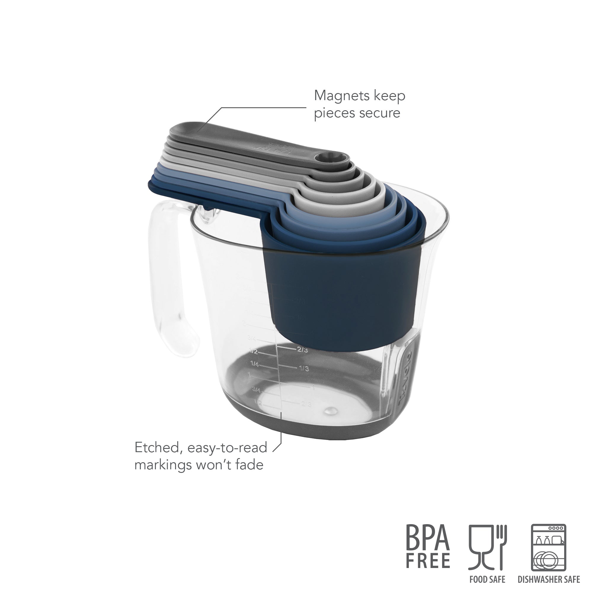 The Magnetic Nested Measuring System includes a clear magnetic measuring cup with etched markings that securely holds five etched measuring spoons. BPA free, food safe, and dishwasher safe.