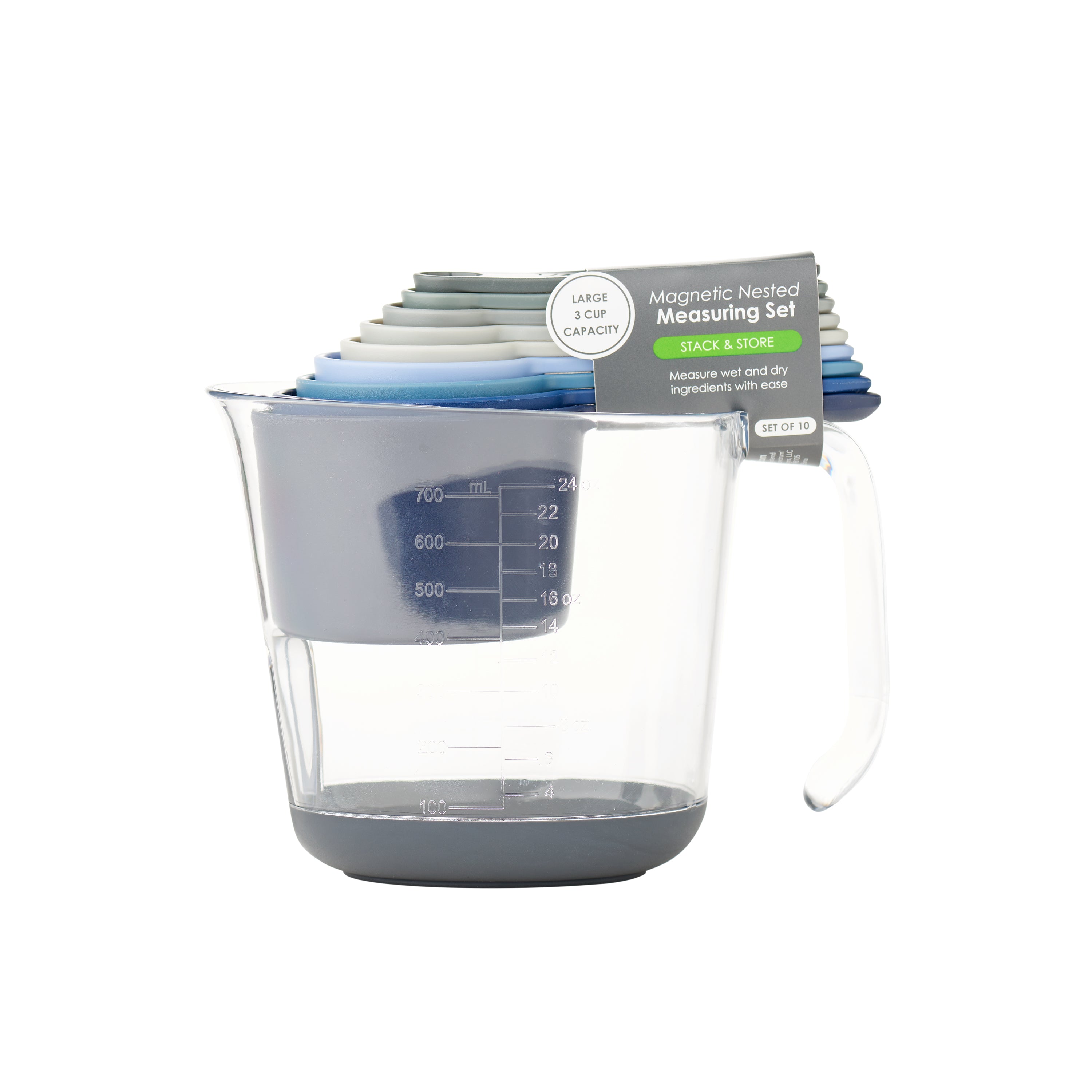 A clear measuring cup with a handle holds a colorful, stackable Magnetic Nested Measuring System. The cups are magnetic for easy stacking and storage, and the set is clearly labeled.