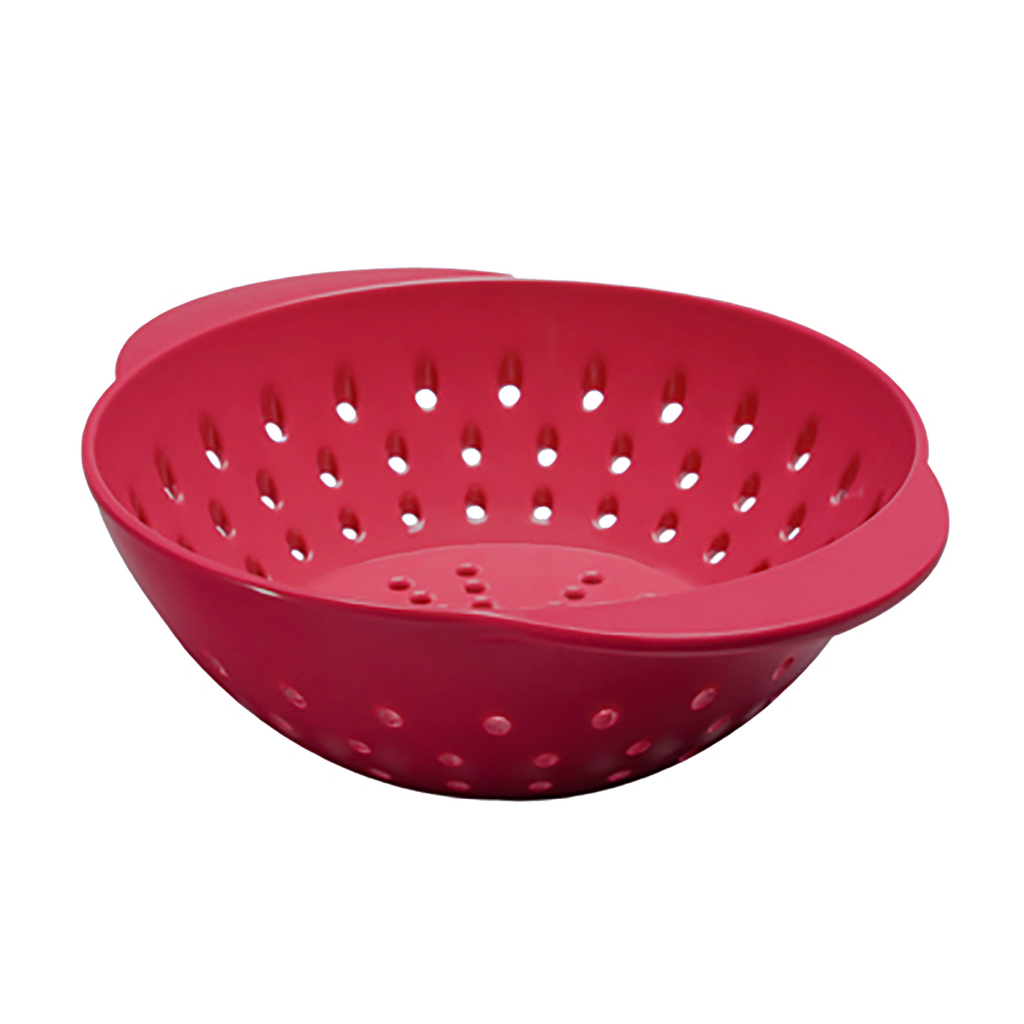 The Mini Berry Colander is a red plastic colander with round holes and two handles, ideal for washing fruit or draining pasta and vegetables. Shown on a white background.