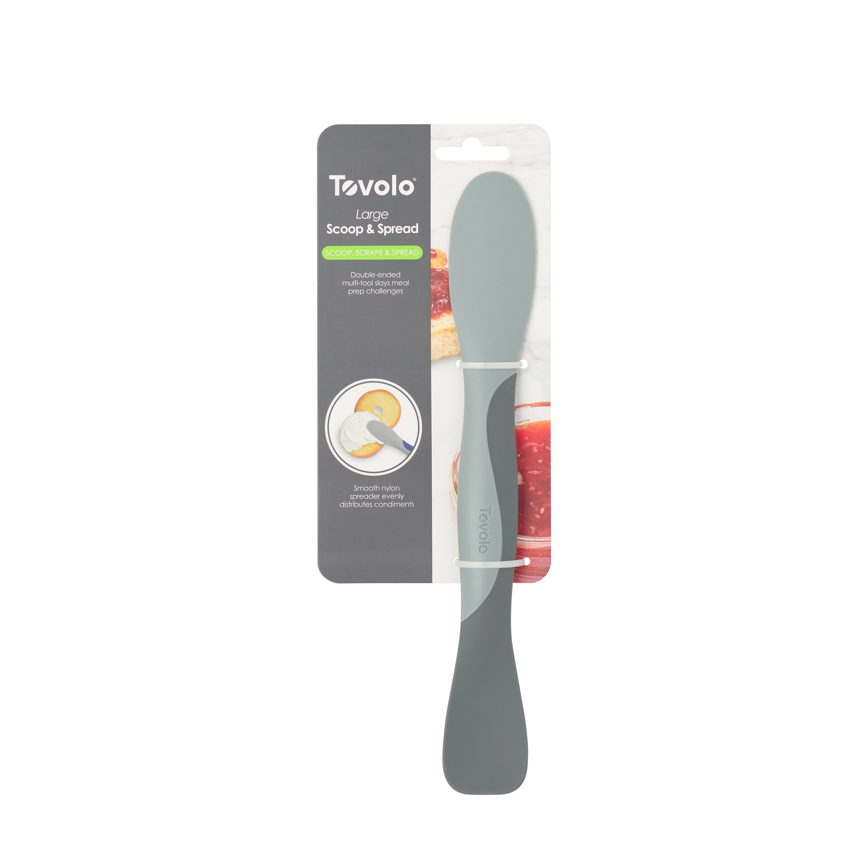 A Scoop and Spread utensil in gray, displayed in its packaging with images of spreading jam and peanut butter on bread—a versatile kitchen tool for every baker.