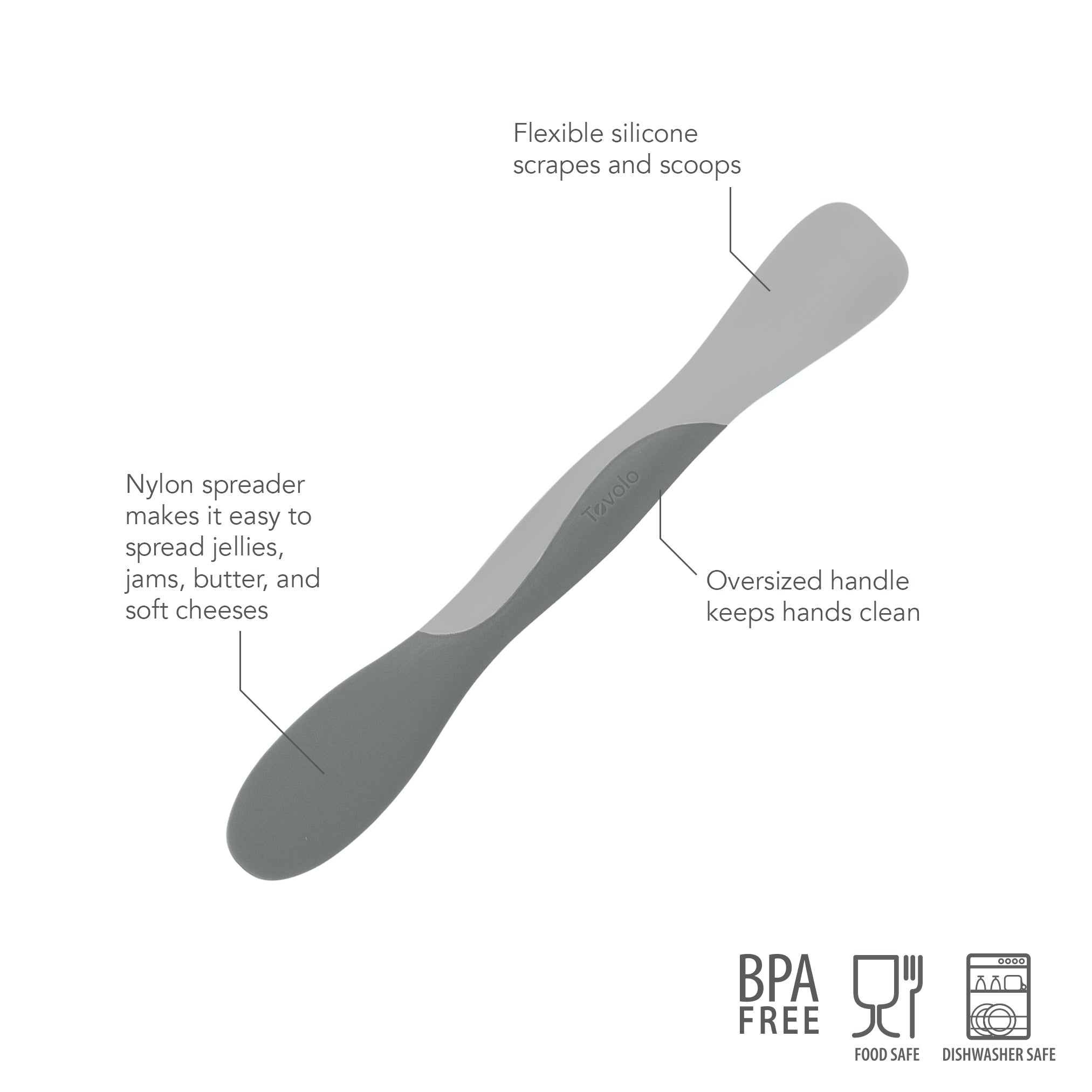 The Scoop and Spread is a gray and white dual-ended kitchen tool with a flexible silicone scraper, nylon spreader for jellies and cheese, and an oversized handle. BPA-free, food safe, dishwasher safe—your baking best friend.