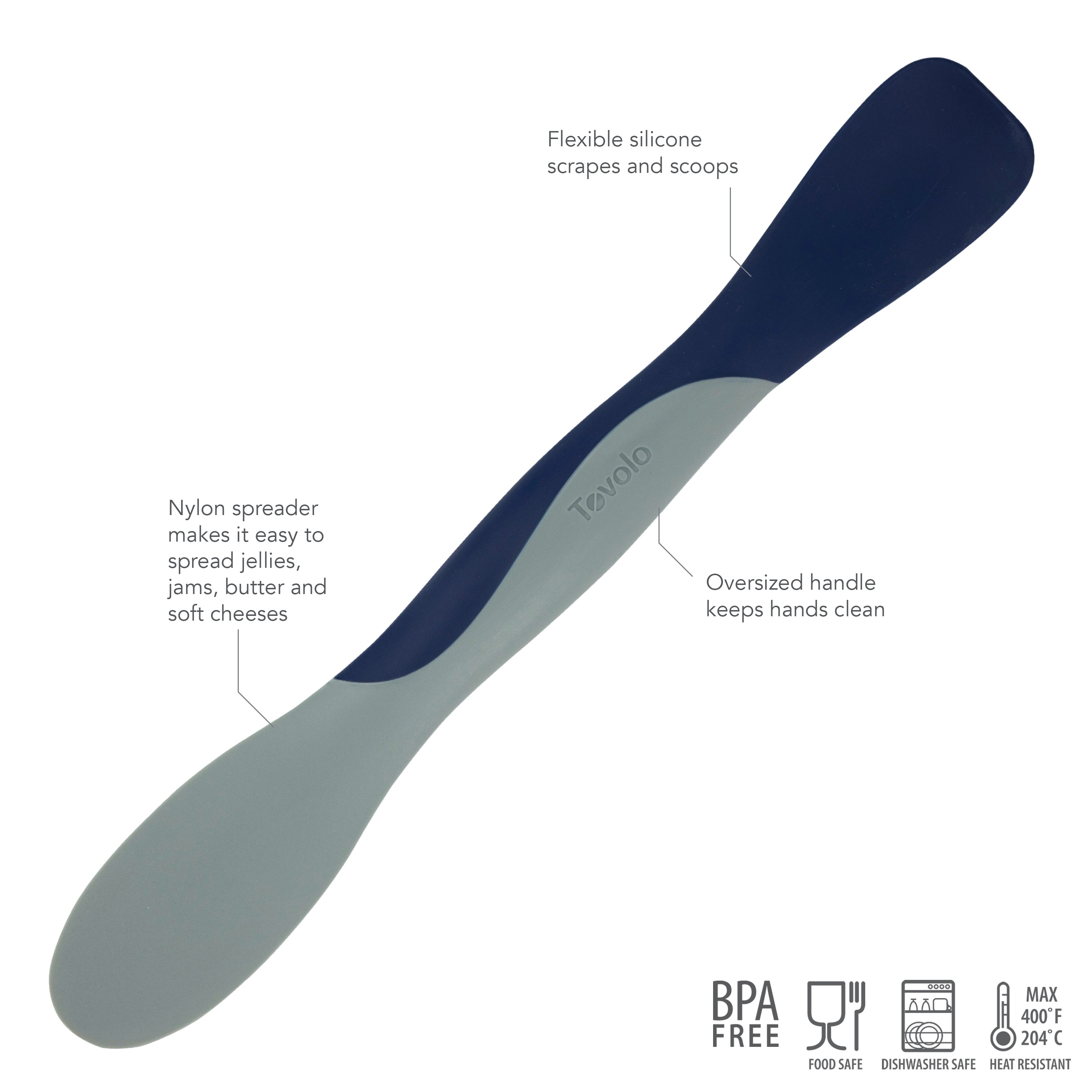 The Scoop and Spread is a dual-ended kitchen tool with a flexible silicone scraper for scooping and spreading, plus a nylon spreader. BPA free, food safe, heat resistant, and dishwasher safe—it’s every baker’s best friend.