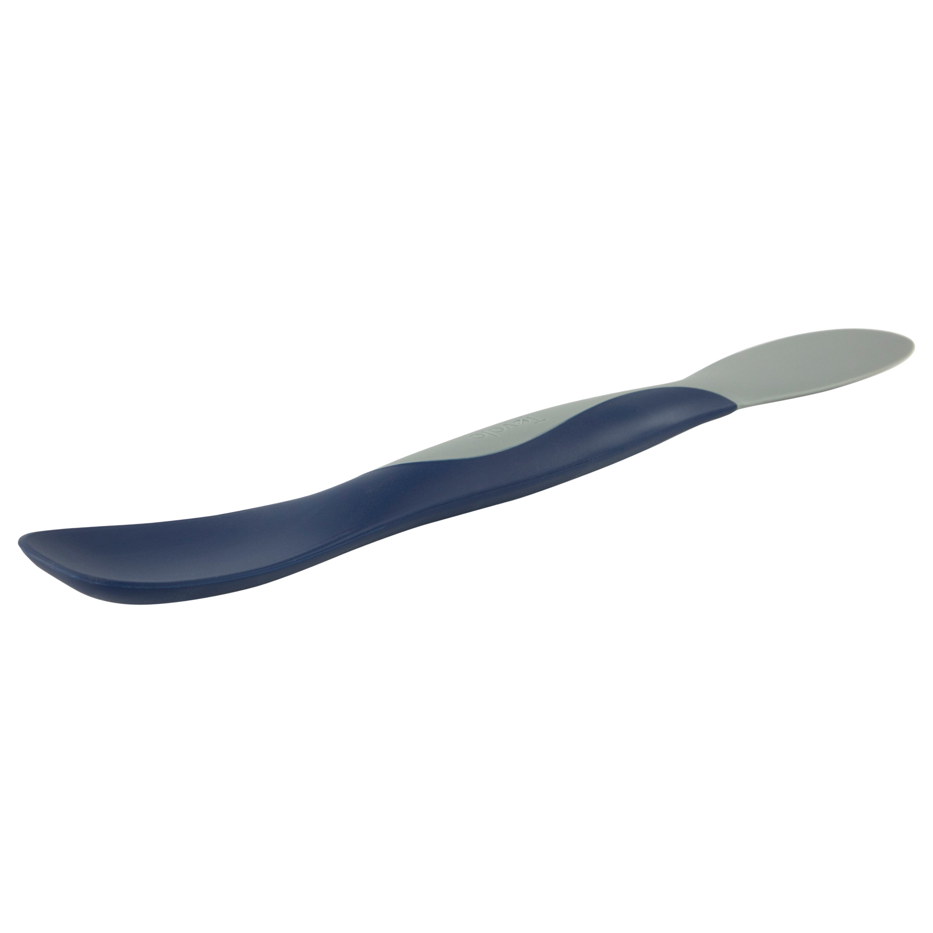 The Scoop and Spread is a blue and gray plastic kitchen tool with a flat, wide, slightly curved design, ideal for scooping and spreading, shown on a white background.