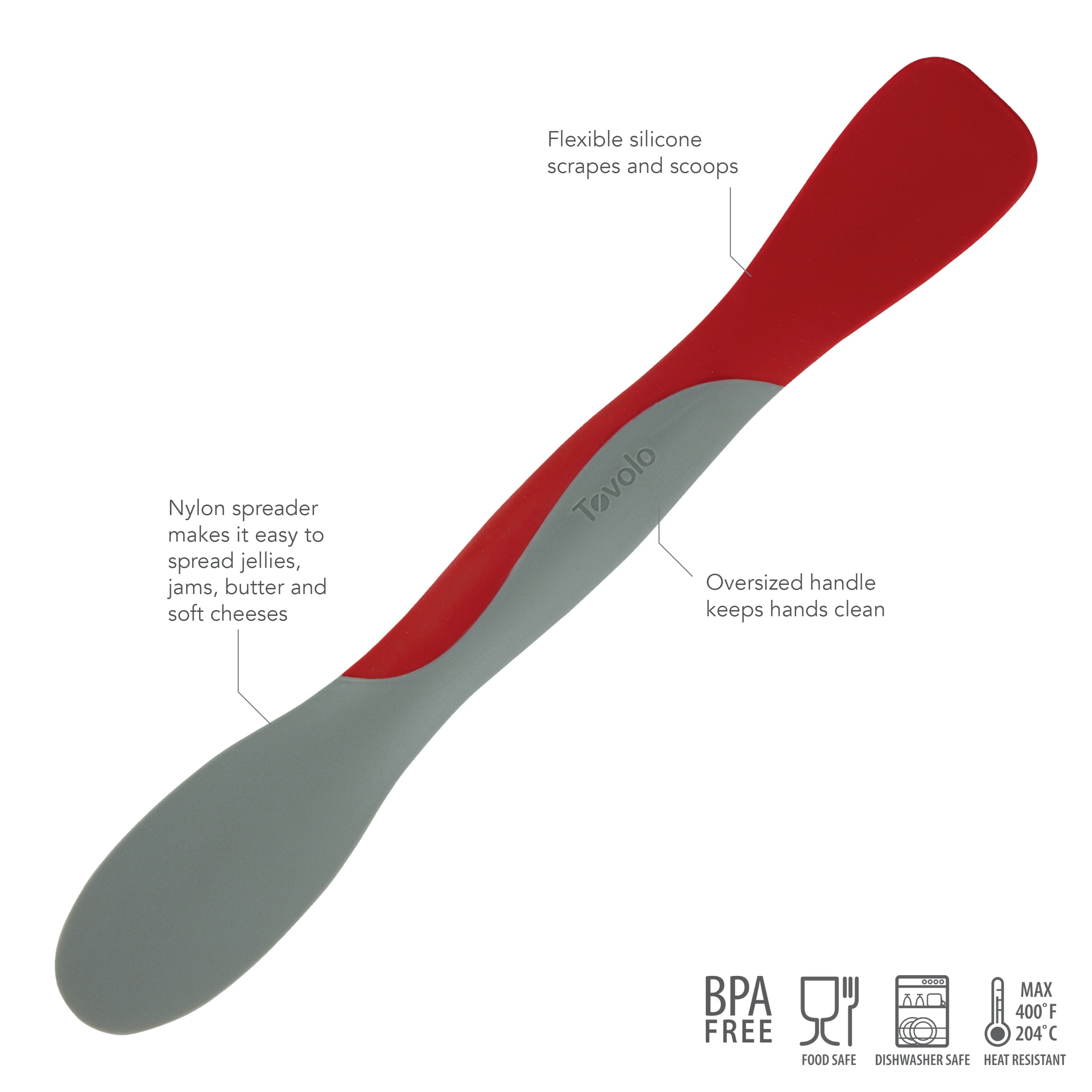 The Scoop and Spread is a BPA-free, food-safe, dual-ended red and gray silicone spatula with labeled scoop and spread features, a flexible silicone scraper, nylon spreader for jellies, an oversized handle, and heat resistance.