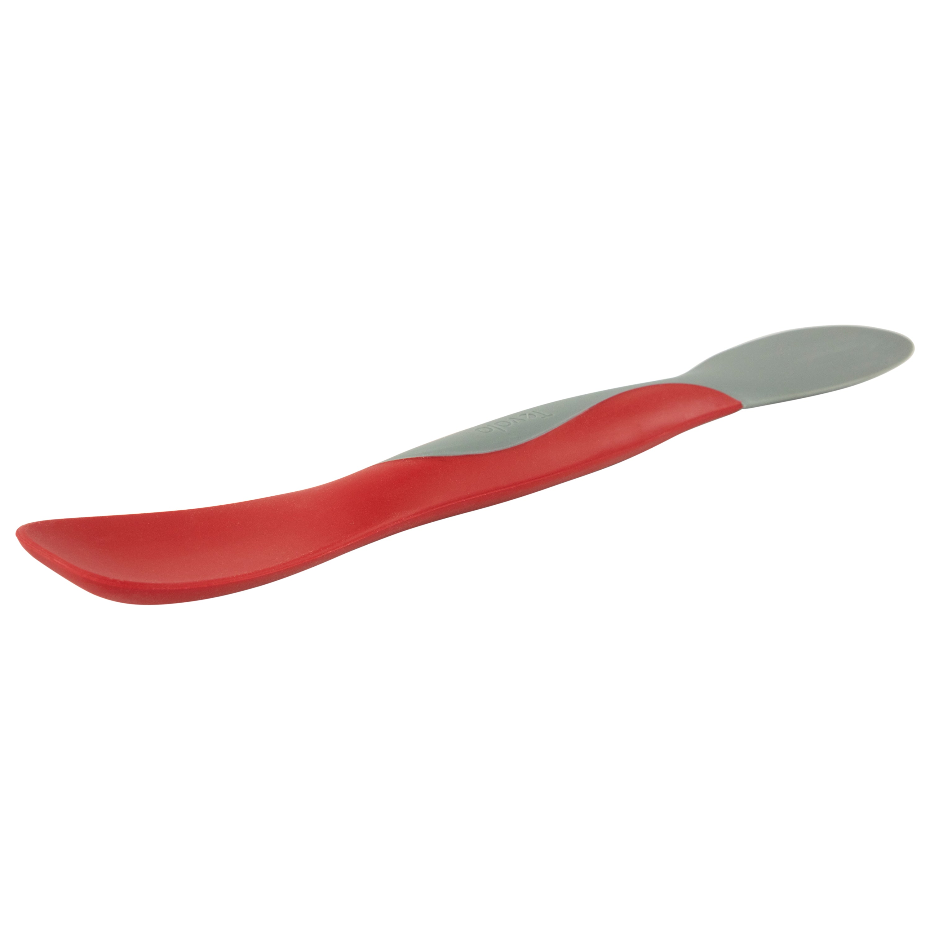 The Scoop and Spread is a gray and red silicone baby spoon with a soft, flexible tip and ergonomic handle, designed for easy infant feeding.