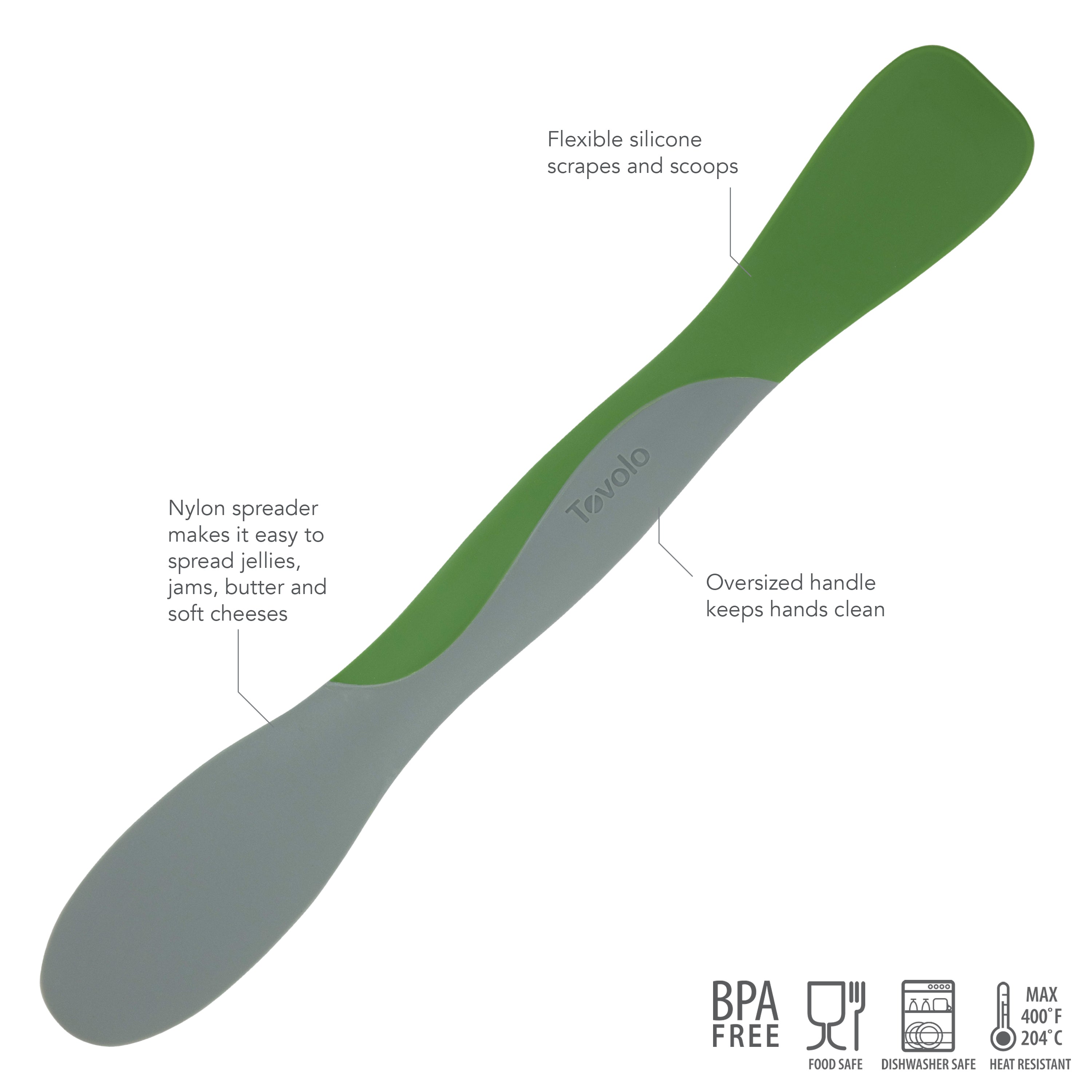 The Tovolo Scoop and Spread spatula in green and gray features a flexible silicone tip, nylon scoop-and-spread end, and oversized handle. It's BPA free, food safe, dishwasher safe, and heat resistant up to 400°F.