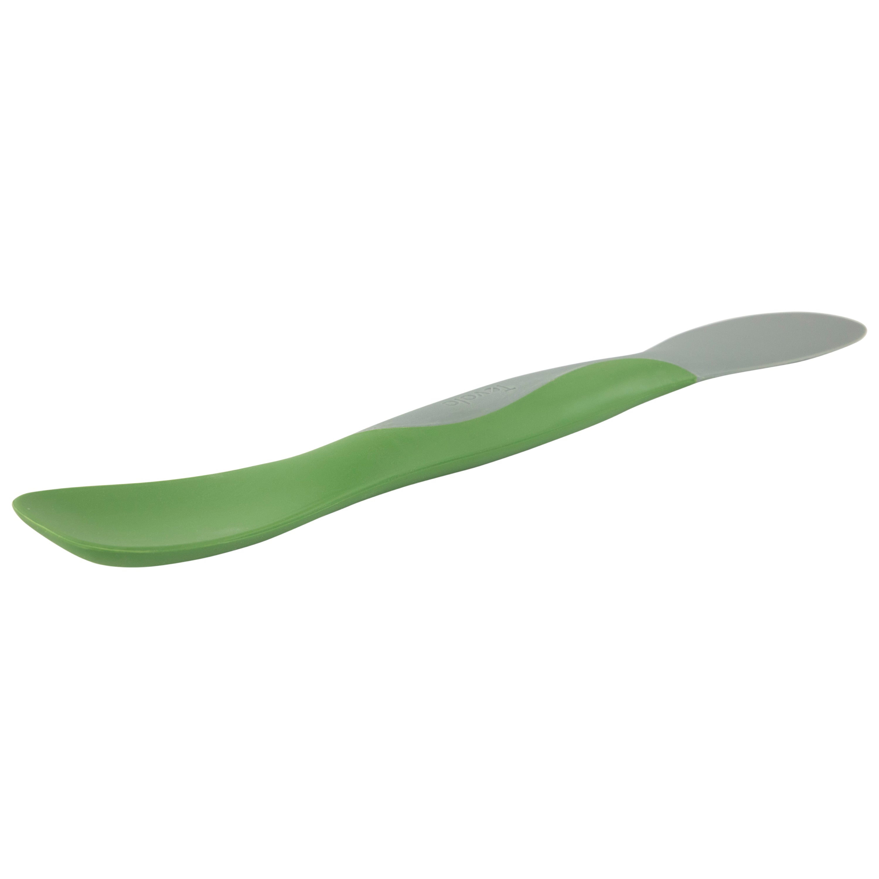 The Scoop and Spread is a green and gray plastic baby spoon with a curved handle, ideal for new parents as a kitchen tool, shown lying flat on a white background.