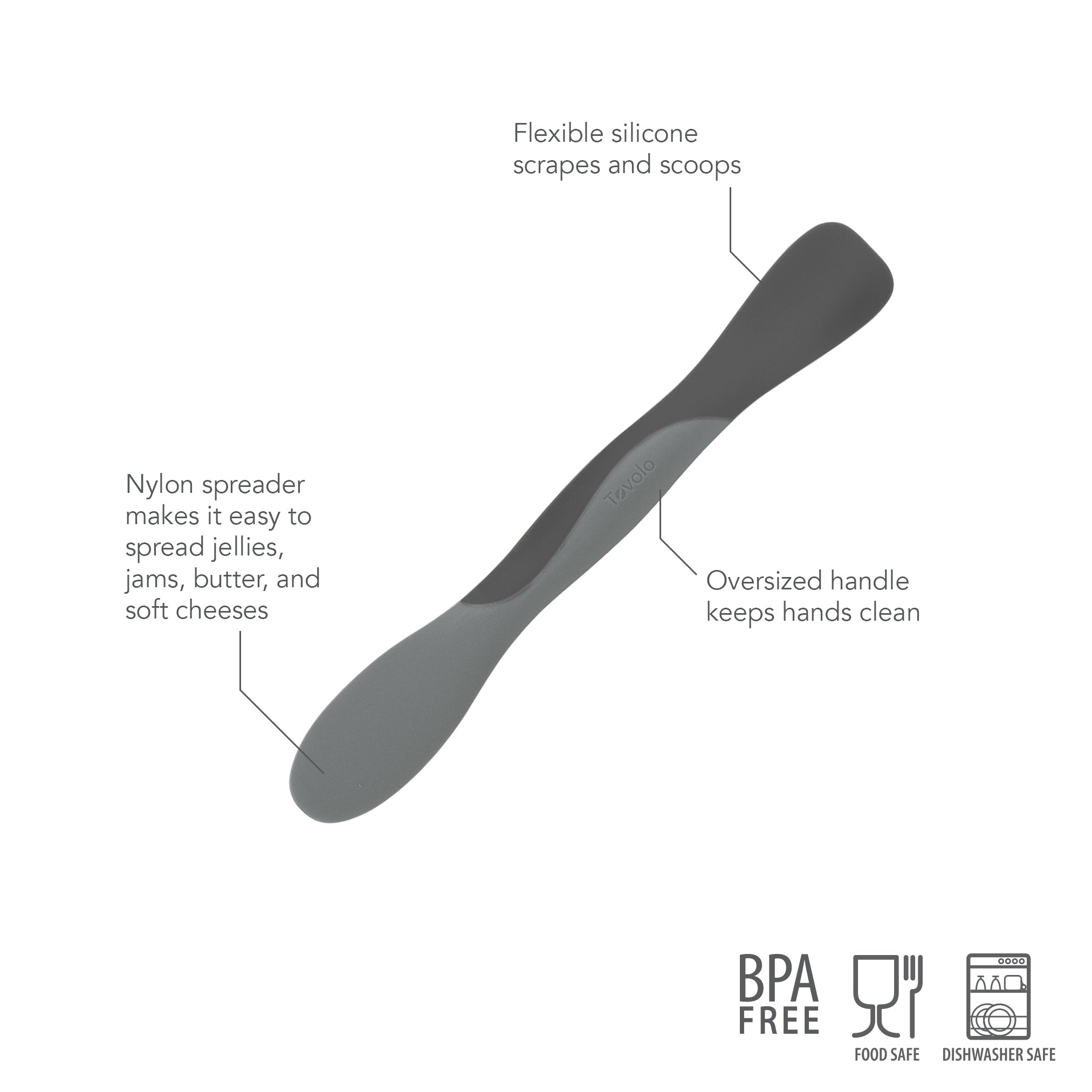 The Scoop and Spread is a dual-ended gray kitchen tool with a flexible silicone scoop and nylon spreader. BPA free, food safe, and dishwasher safe, it features callouts to highlight its versatile scooping and spreading abilities.