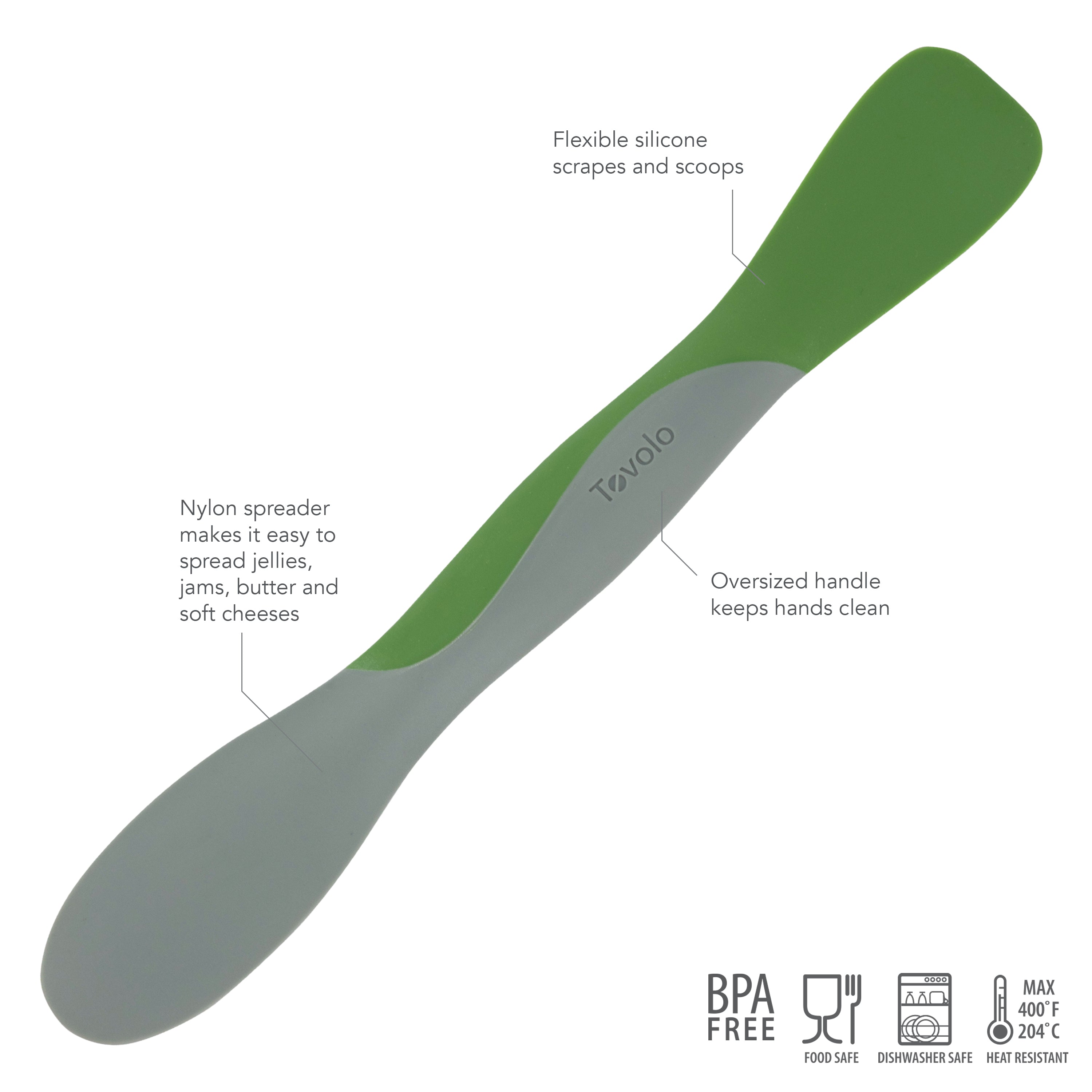 The Scoop and Spread is your baker's best friend: a double-ended tool with a green silicone scraper for scooping and spreading, plus a gray nylon spreader. BPA-free, food safe, dishwasher safe, and heat resistant up to 400°F.