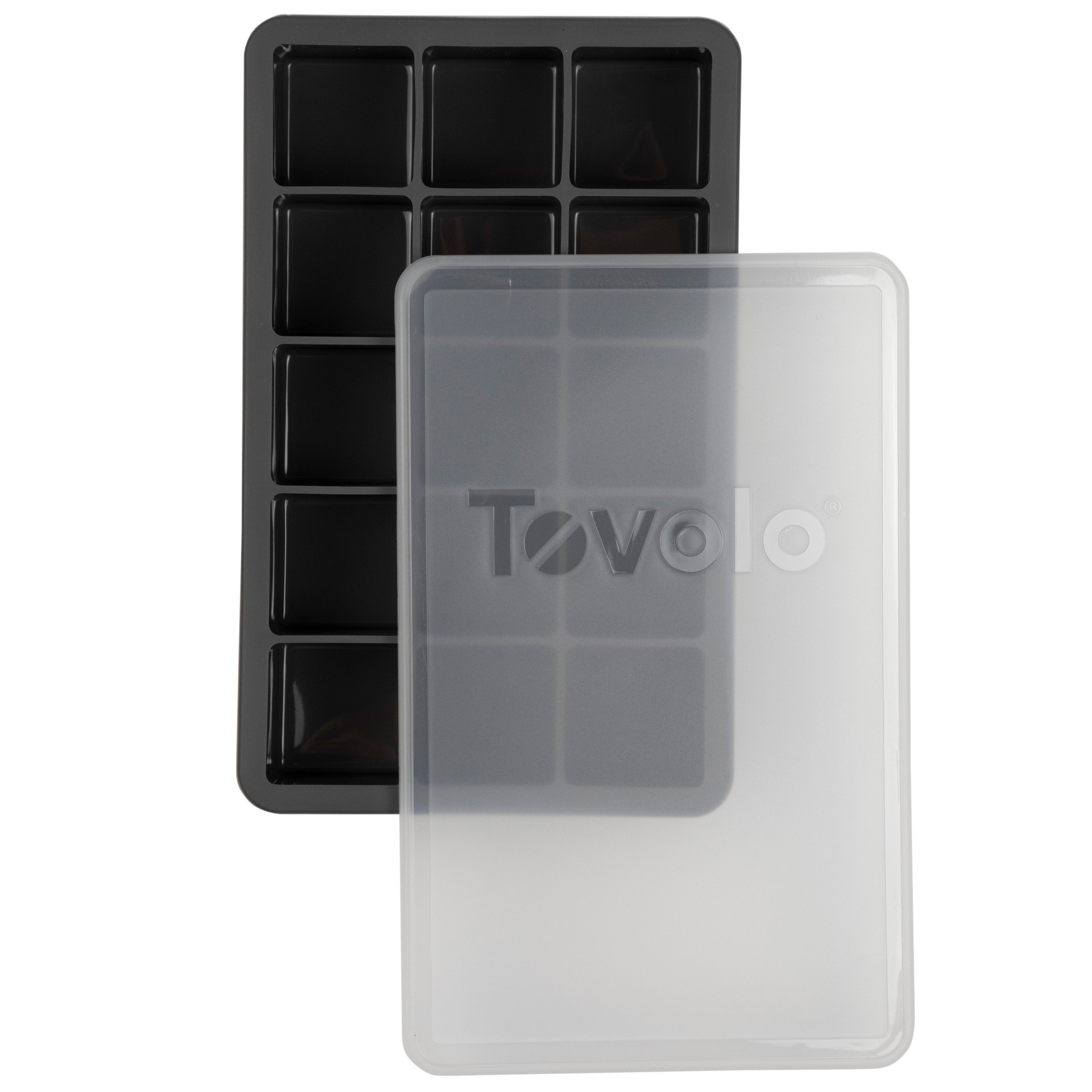 The Perfect Cube Ice Mold is a black silicone tray with ten rectangular compartments, partially covered by a clear plastic lid featuring the Tovolo logo—ideal for making long-lasting ice cubes.