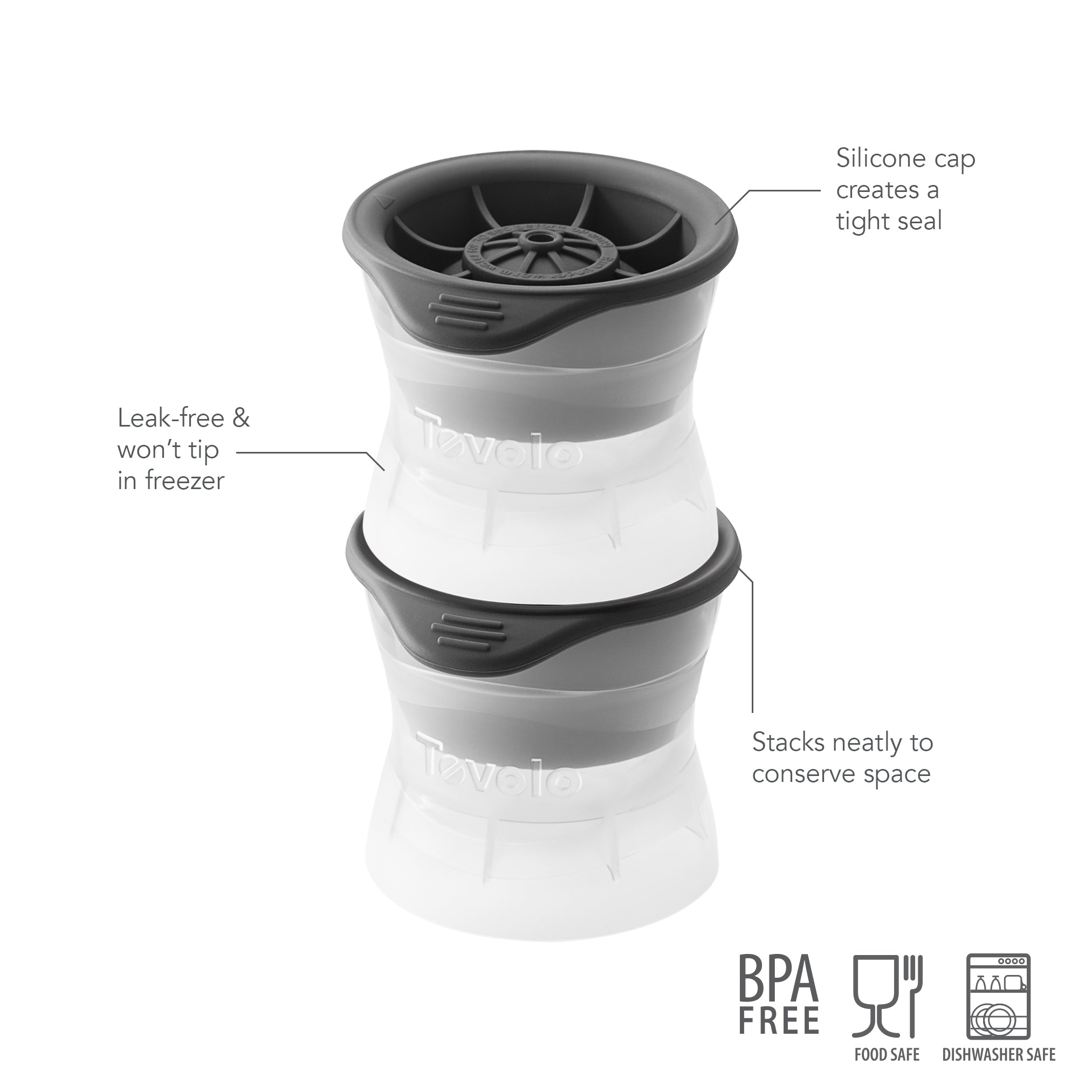 Two white and gray Tevolio food containers stacked vertically, feature silicone caps for a tight, leak-free seal, stable stacking, BPA free and dishwasher safe icons—perfect to pair with Sports Ice Molds.