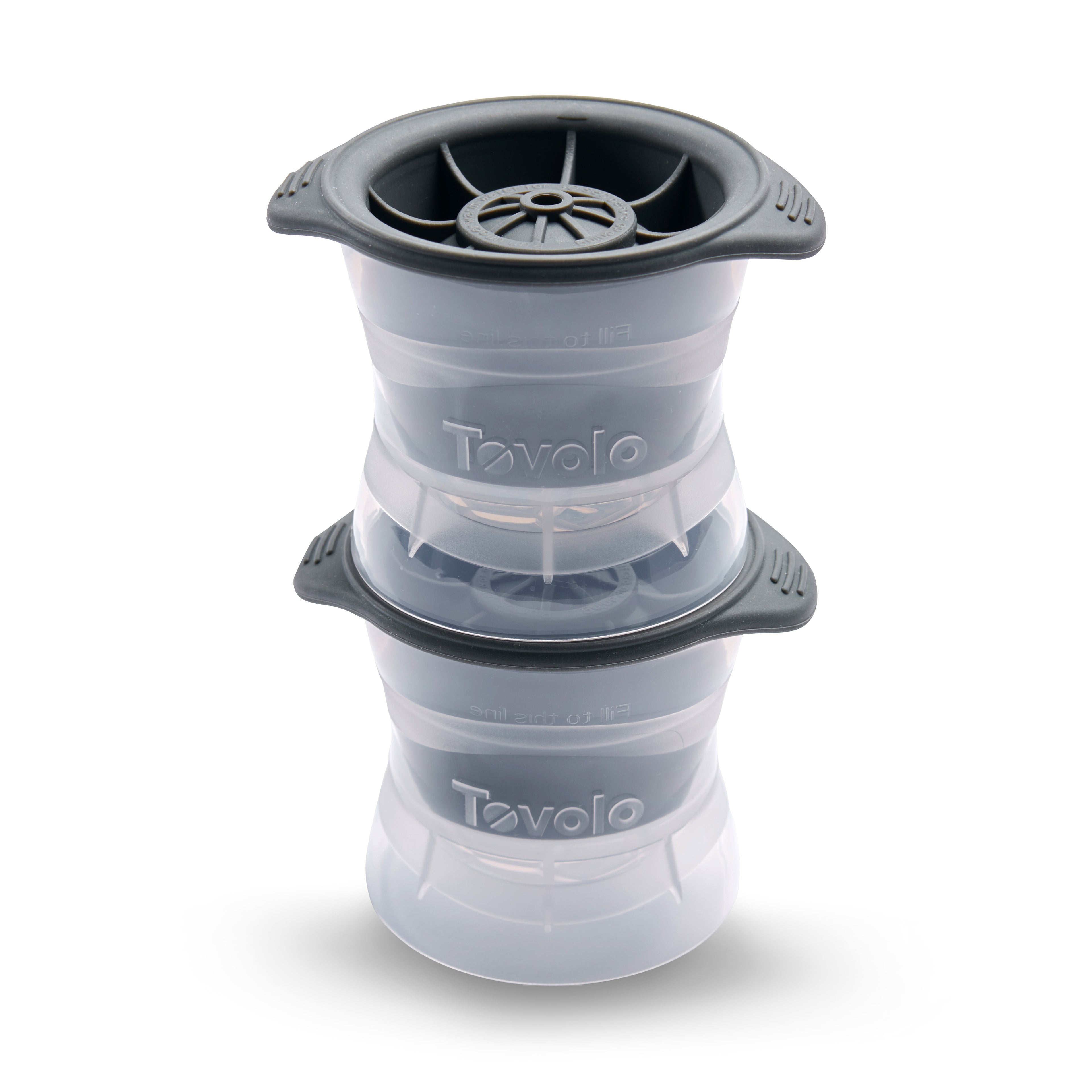 The Sports Ice Mold features two stacked, translucent gray silicone molds with black lids, side handles, and Tovolo branding, designed for making round ice spheres.