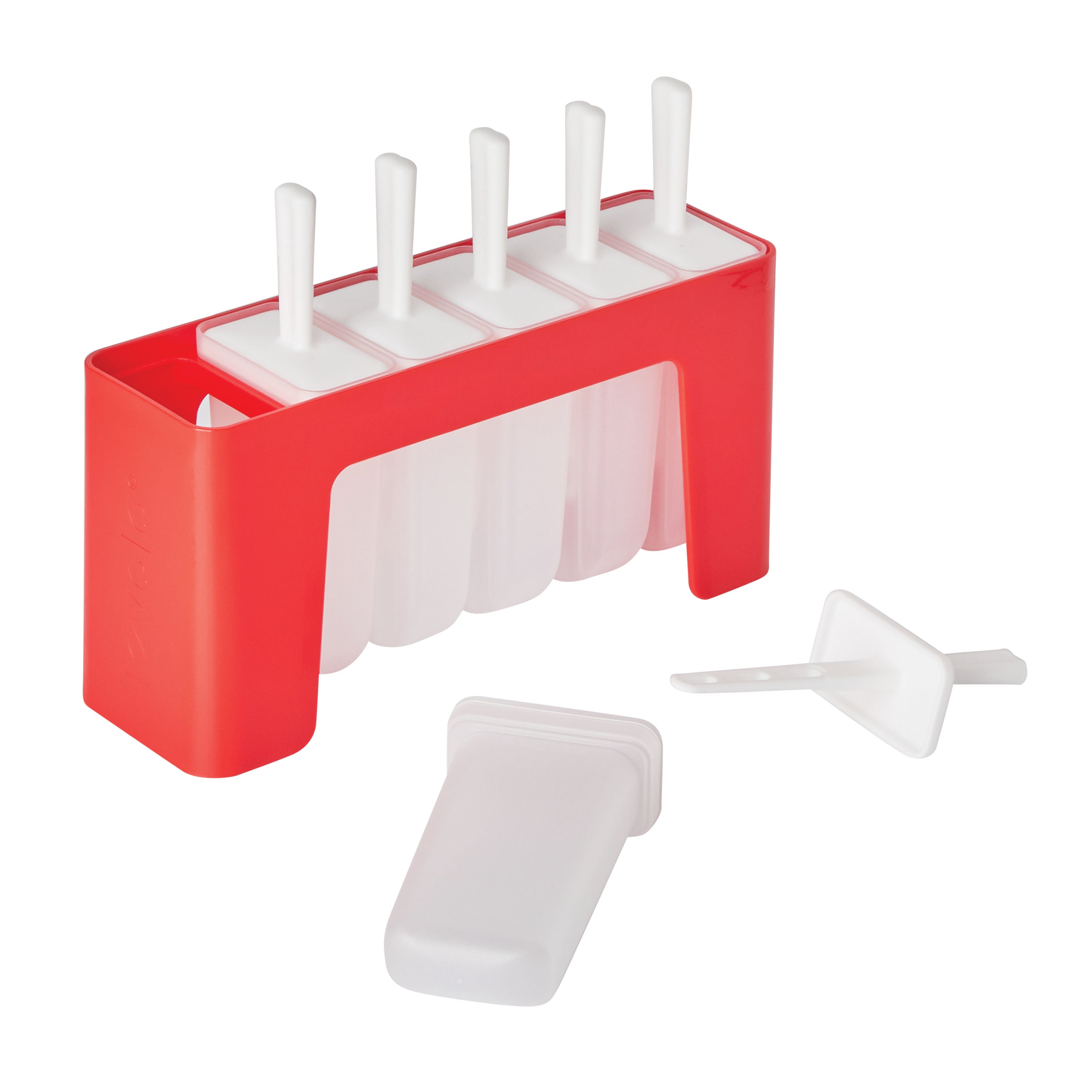The Pop Molds w/ Tray is a red and white plastic popsicle mold featuring five slots, each with a white handle and a slimline tray. One homemade frozen treat is removed and displayed in front of the tray.